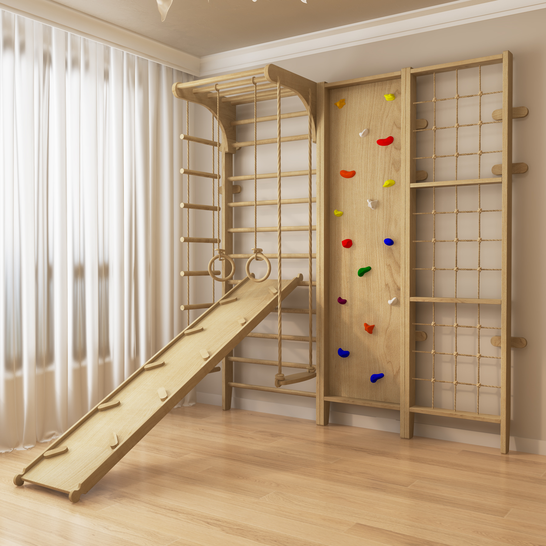 Indoor Wooden Climbing Wall Gym | Montessori Kids Play Set with Slide & Rope Ladder