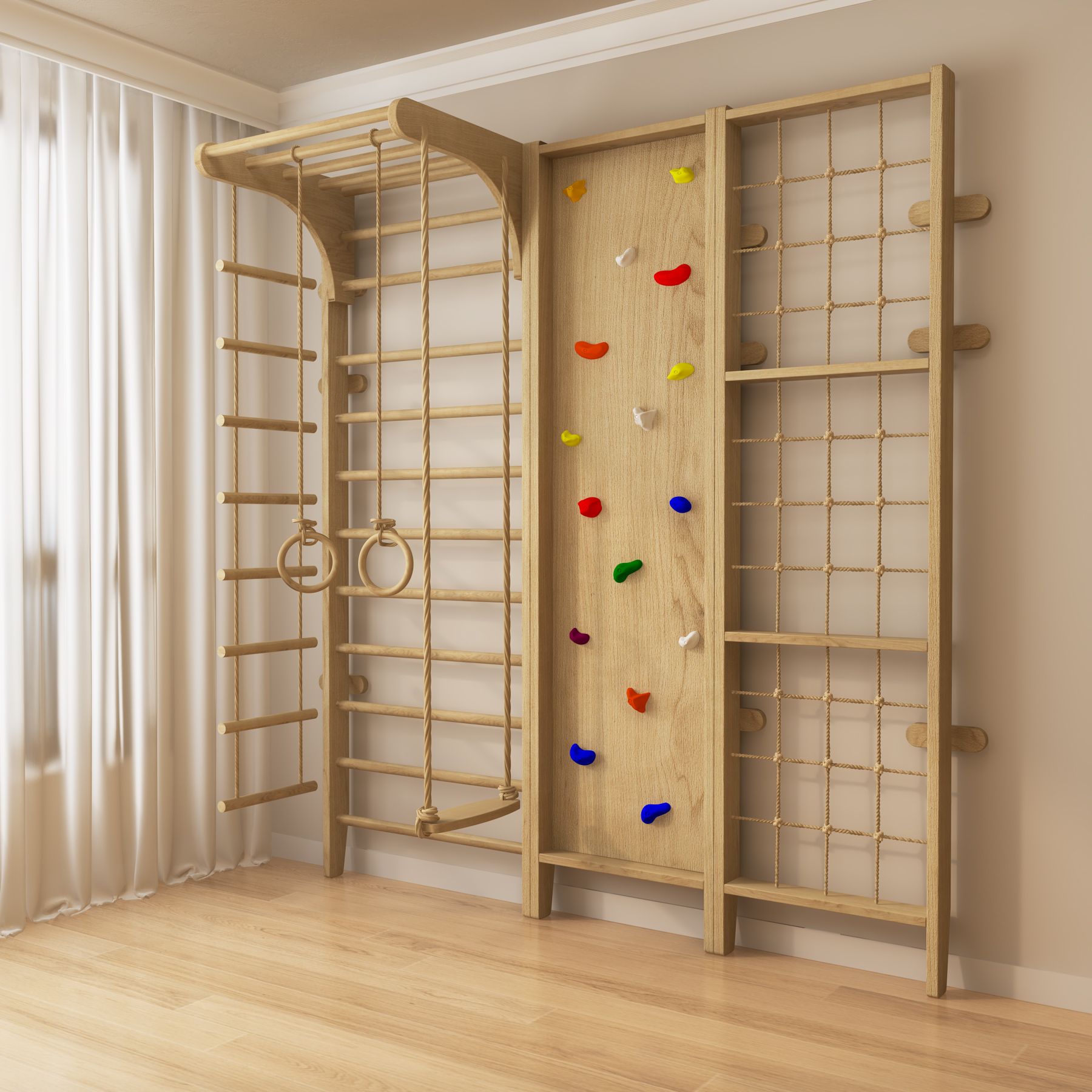 Indoor Wooden Climbing Wall Gym | Montessori Kids Play Set with Slide & Rope Ladder