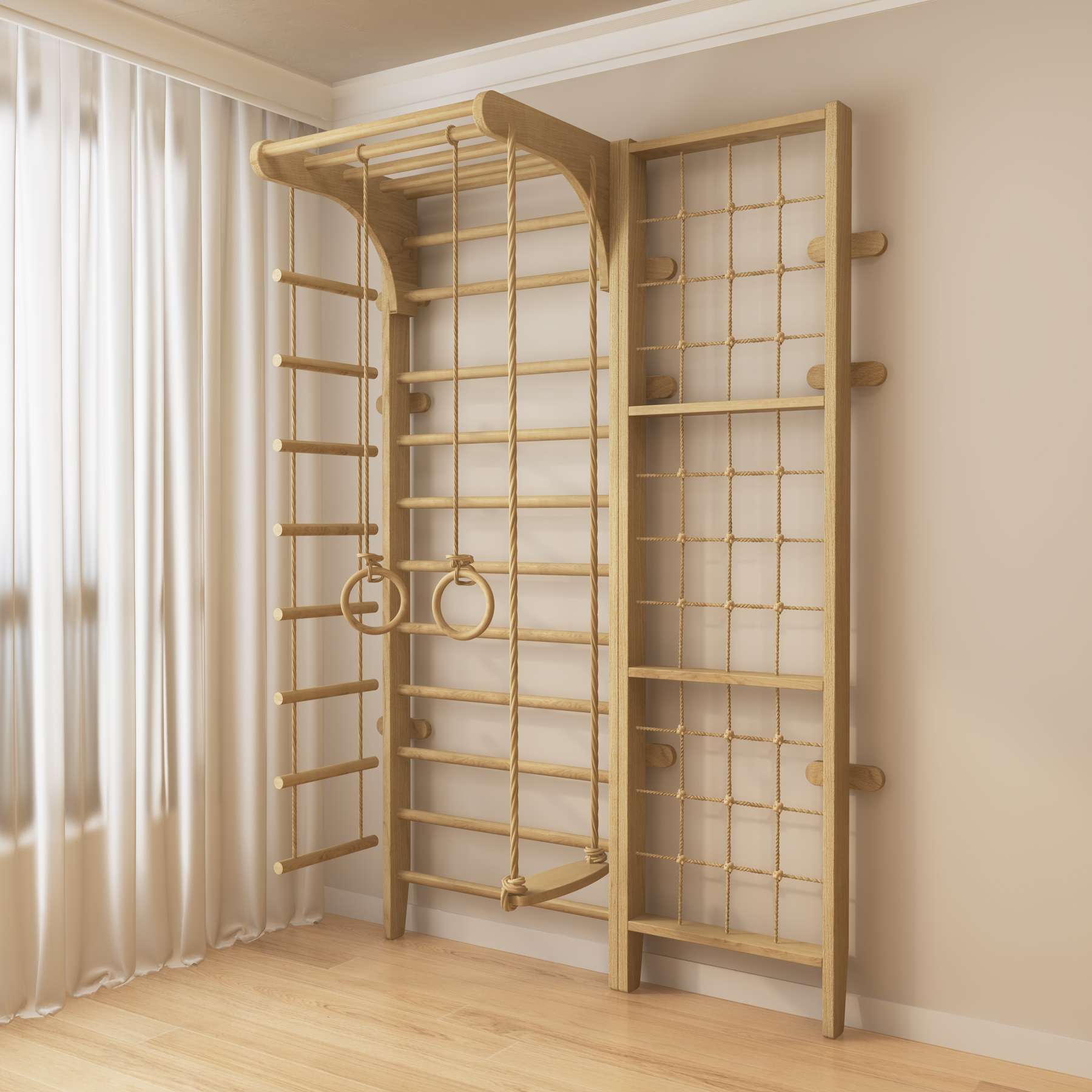 Indoor Wooden Climbing Wall Gym | Montessori Kids Play Set with Slide & Rope Ladder