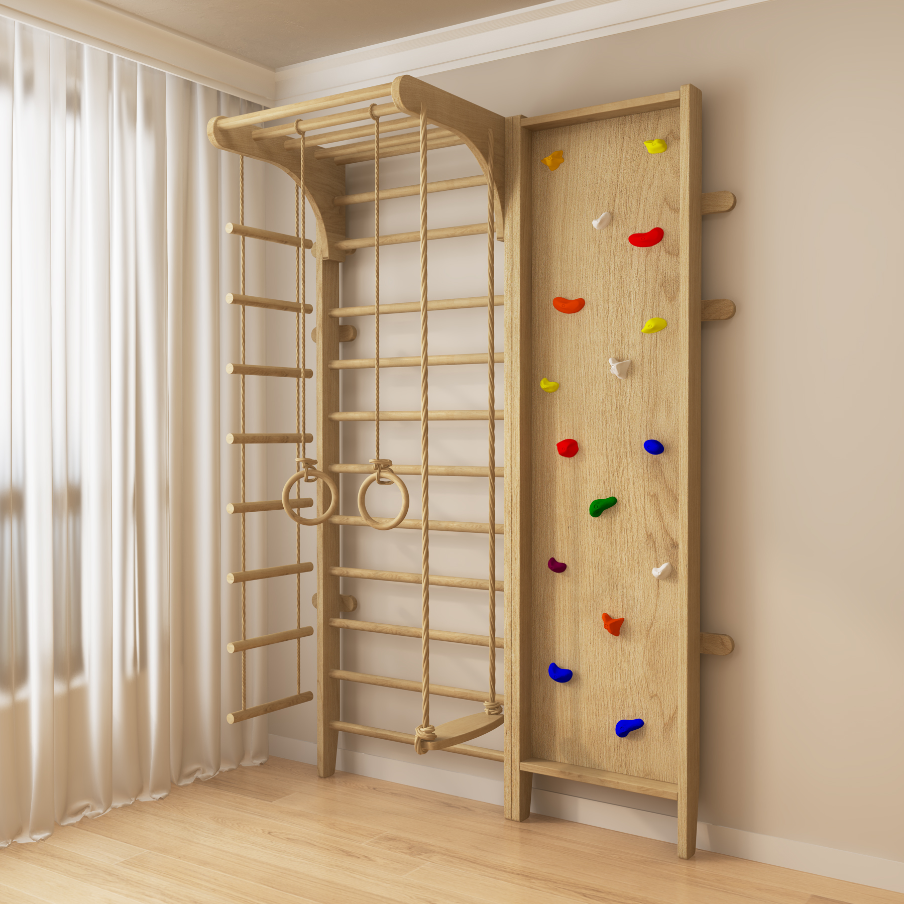 Indoor Wooden Climbing Wall Gym | Montessori Kids Play Set with Slide & Rope Ladder