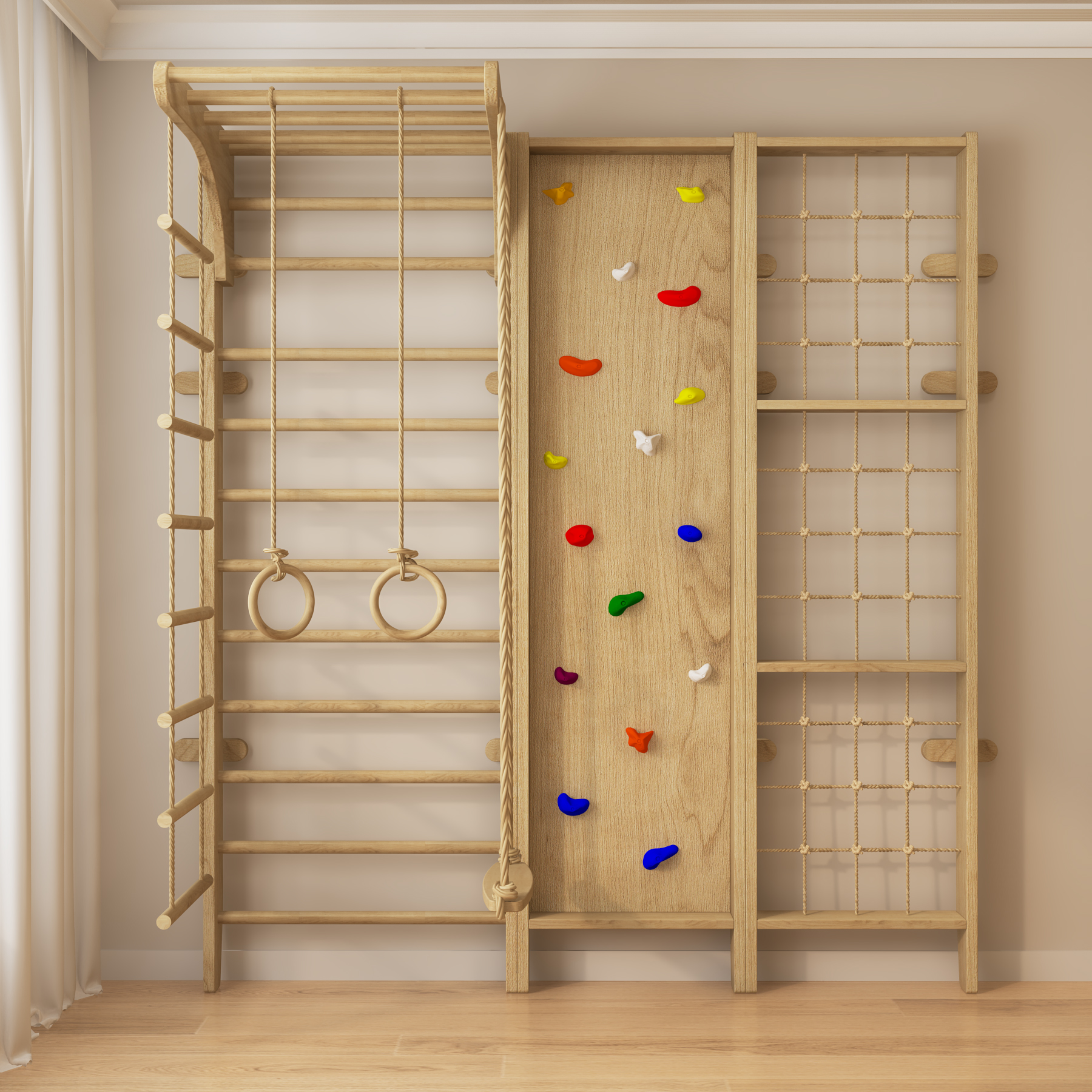 Indoor Wooden Climbing Wall Gym | Montessori Kids Play Set with Slide & Rope Ladder