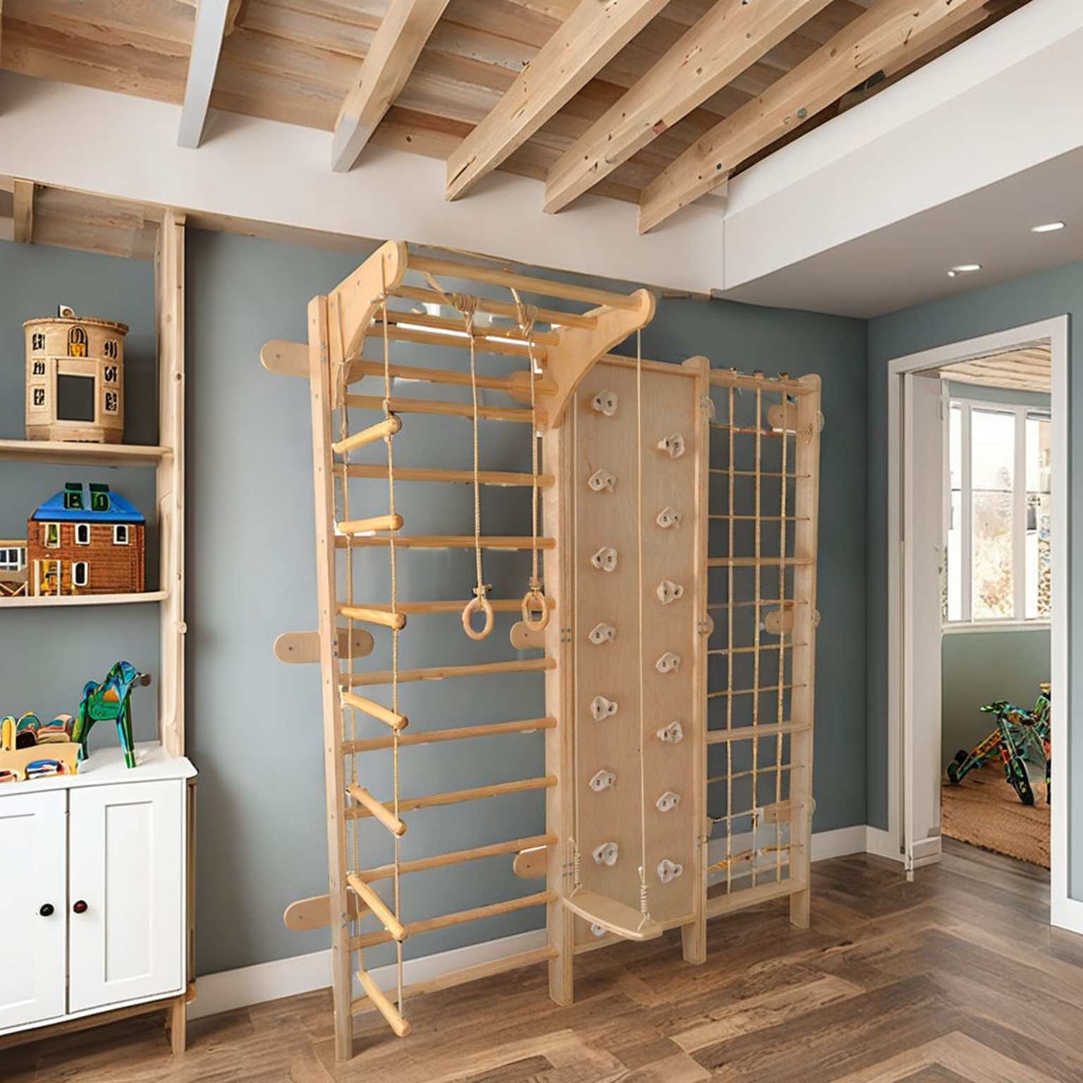 Wooden Wall Climbing Playground | Montessori Kids Indoor Gym Ladder Rock Climb Net Activity Set