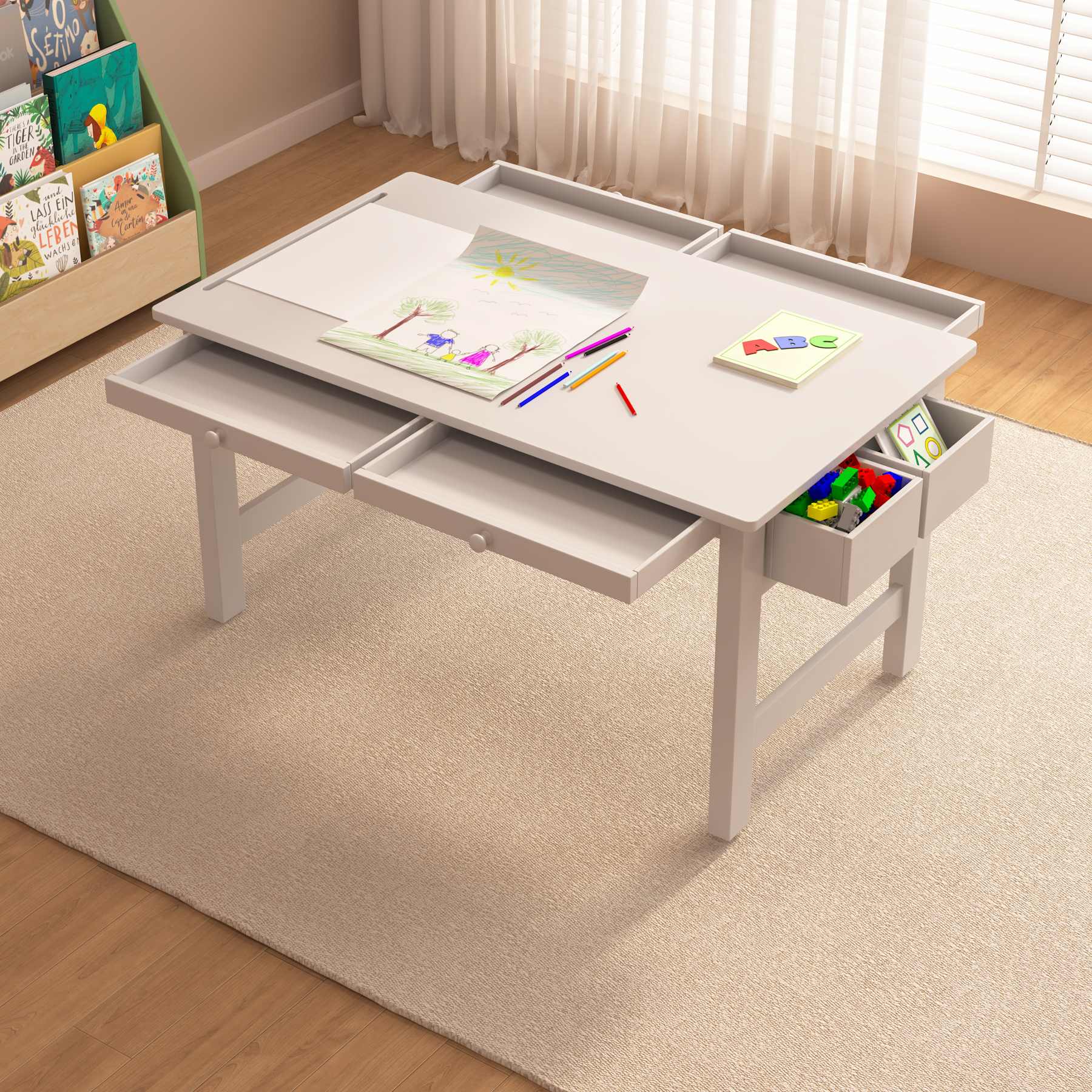 Adjustable Kids Table & 4 Chairs Set with Storage | Toddler Activity Desk for Playroom