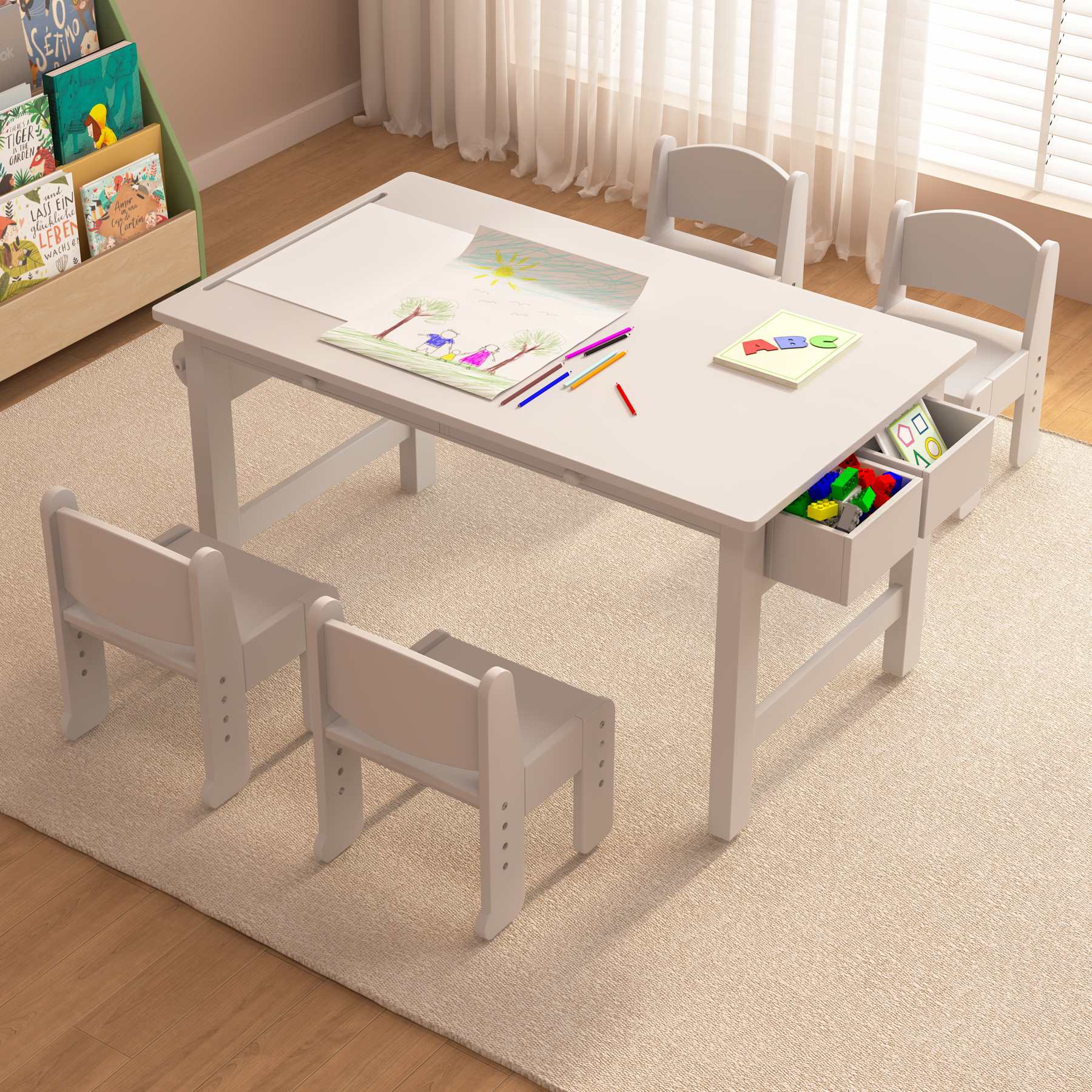 Adjustable Kids Table & 4 Chairs Set with Storage | Toddler Activity Desk for Playroom