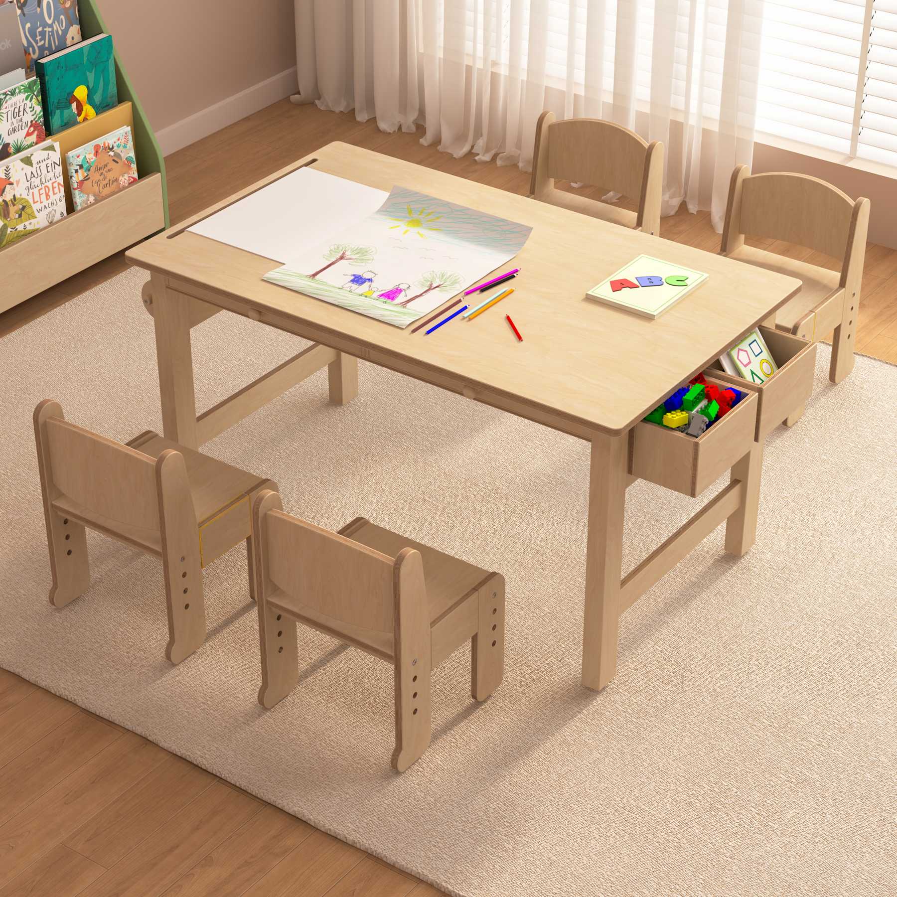 Adjustable Kids Table & 4 Chairs Set with Storage | Toddler Activity Desk for Playroom