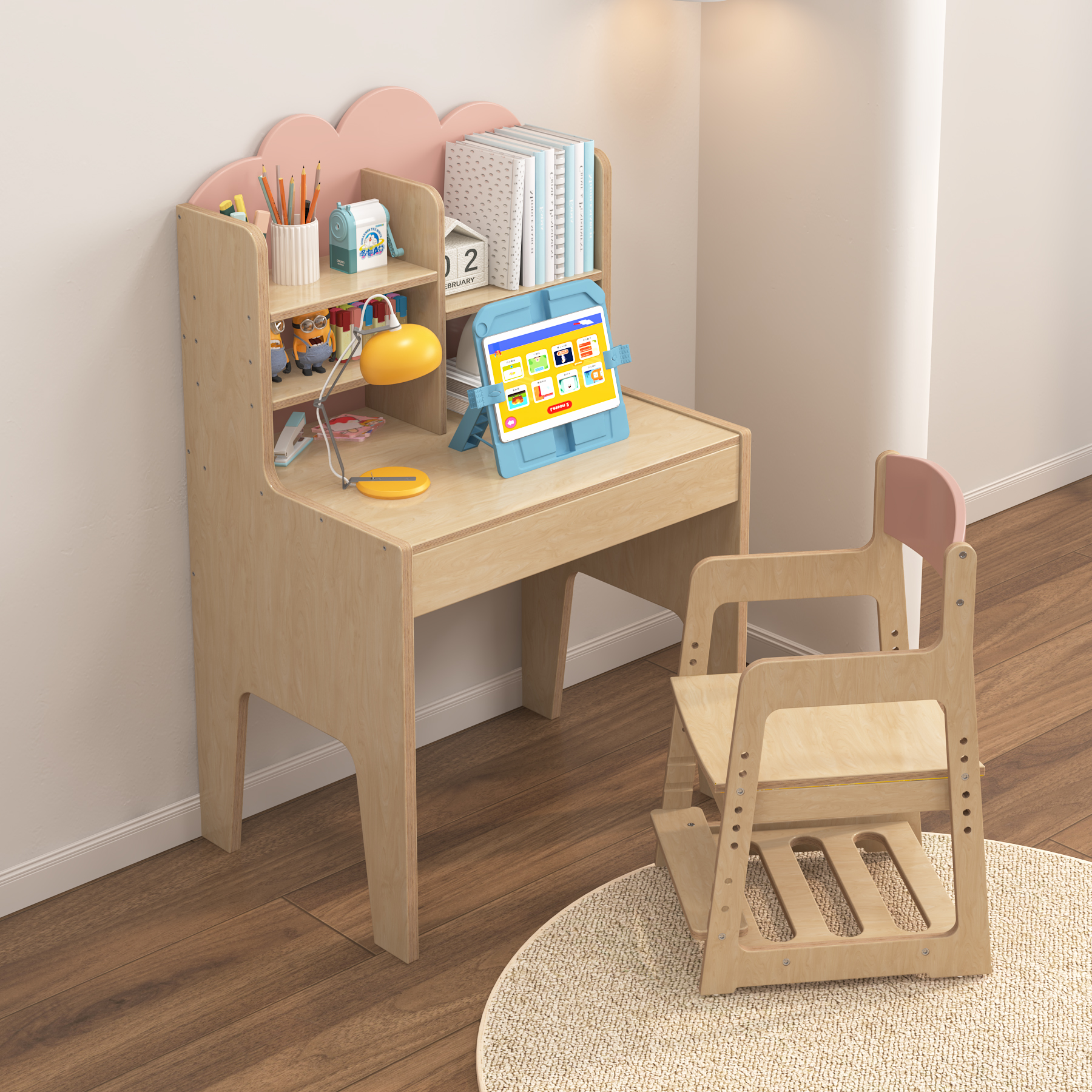 Adjustable Kids Desk & Chair Set with Bookshelf | Wooden Toddler Study Desk with Cloud Back