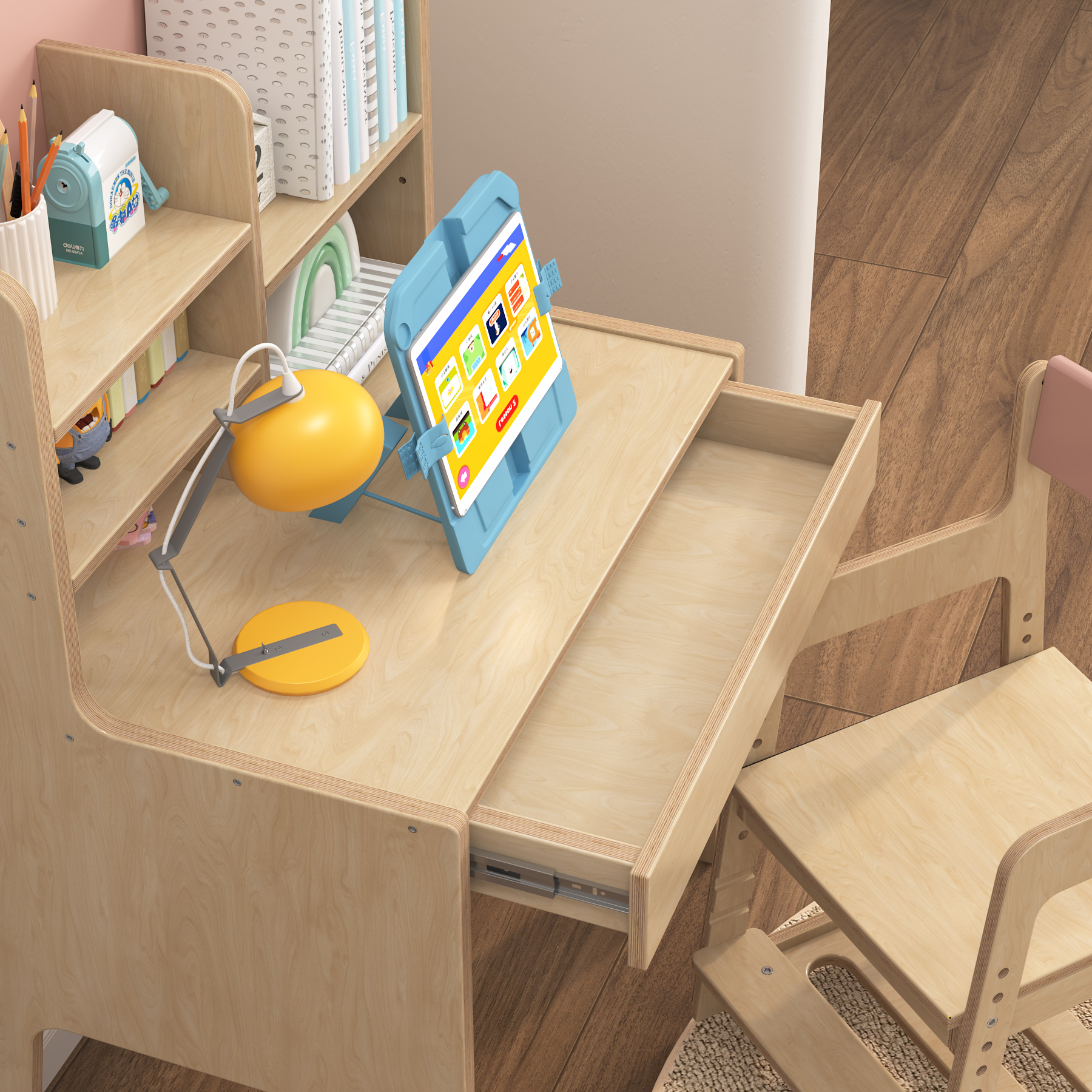 Adjustable Kids Desk & Chair Set with Bookshelf | Wooden Toddler Study Desk with Cloud Back