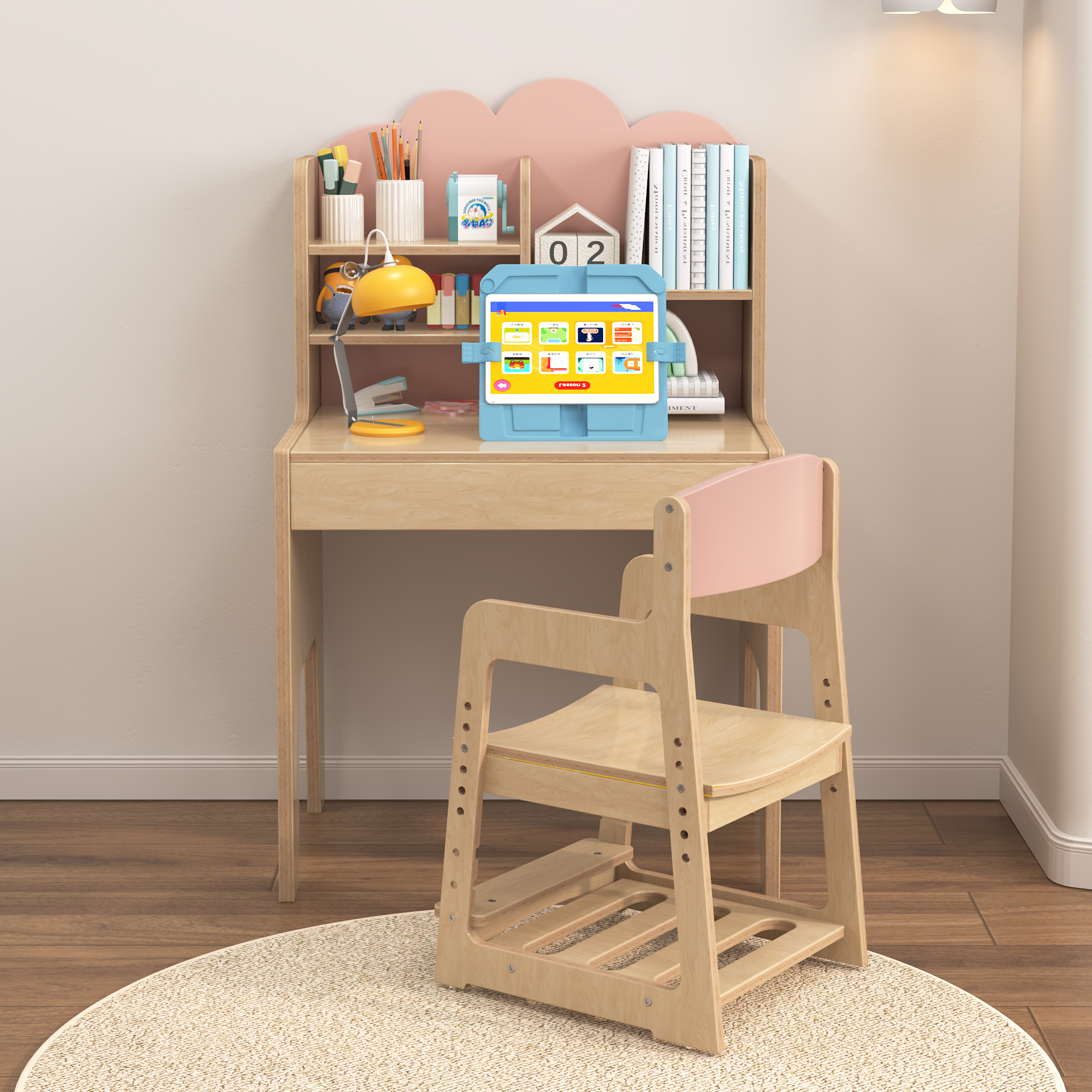 Adjustable Kids Desk & Chair Set with Bookshelf | Wooden Toddler Study Desk with Cloud Back