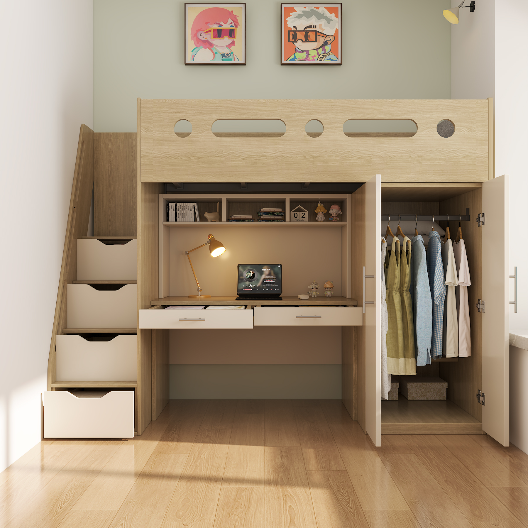 Wooden Loft Bed with Desk Wardrobe & Storage Stairs | All-In-One Kids Bed