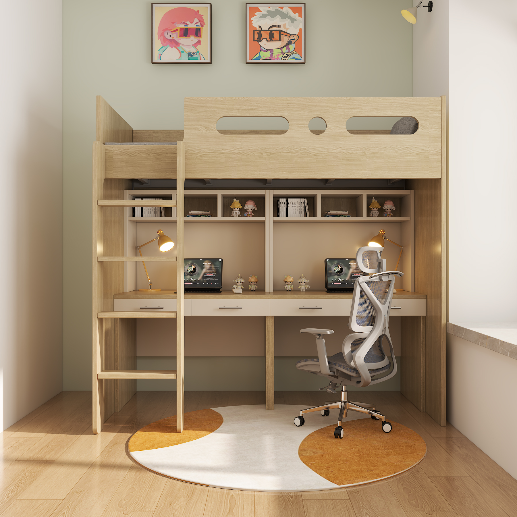 Wooden Loft Bed with Desk Wardrobe & Storage Stairs | All-In-One Kids Bed