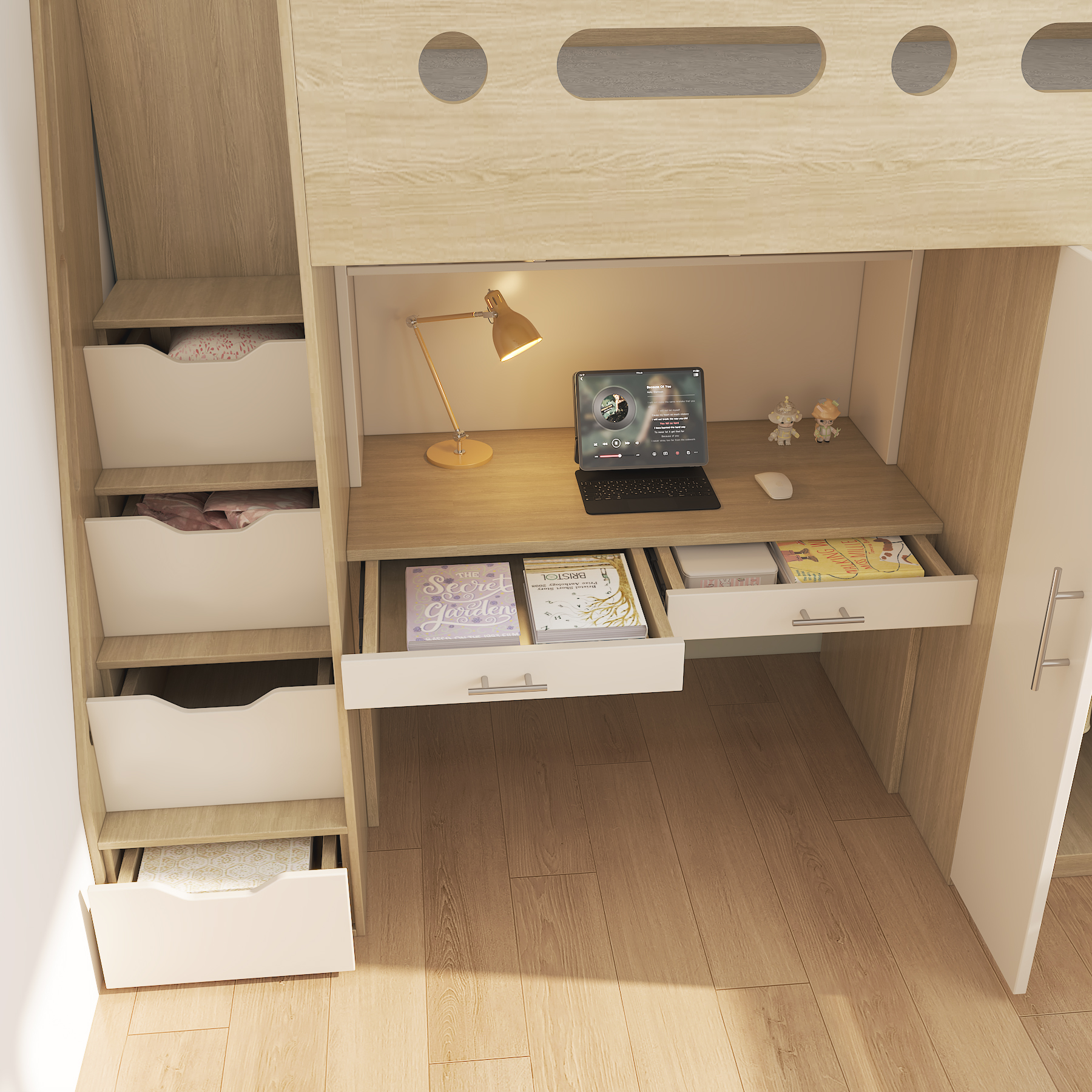 Wooden Loft Bed with Desk Wardrobe & Storage Stairs | All-In-One Kids Bed