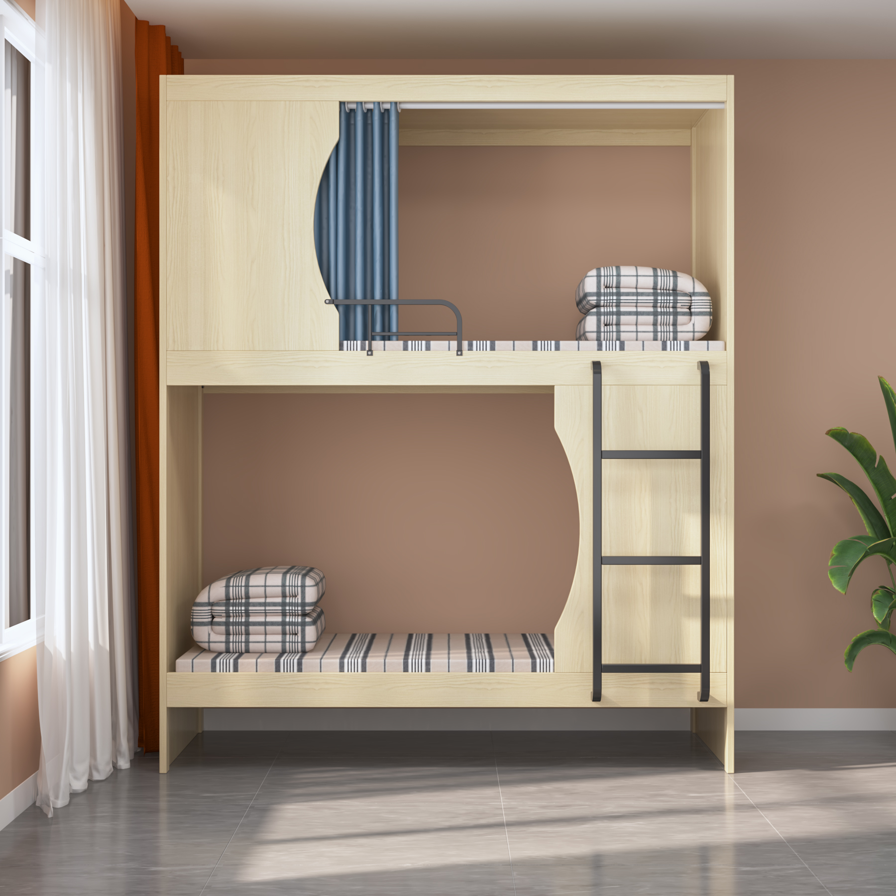 Wooden Bunk Bed with Privacy Curtain & Ladder | Space-Saving Twin Bed for Dorms