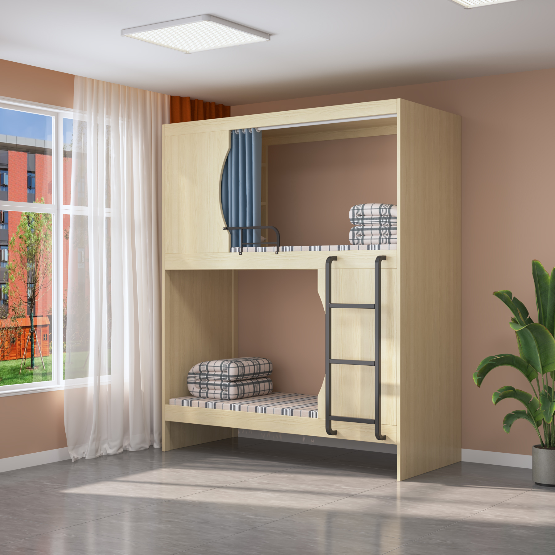Wooden Bunk Bed with Privacy Curtain & Ladder | Space-Saving Twin Bed for Dorms