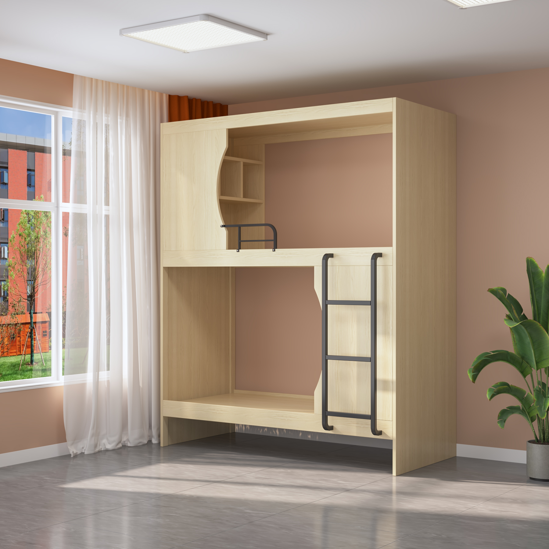 Wooden Bunk Bed with Privacy Curtain & Ladder | Space-Saving Twin Bed for Dorms