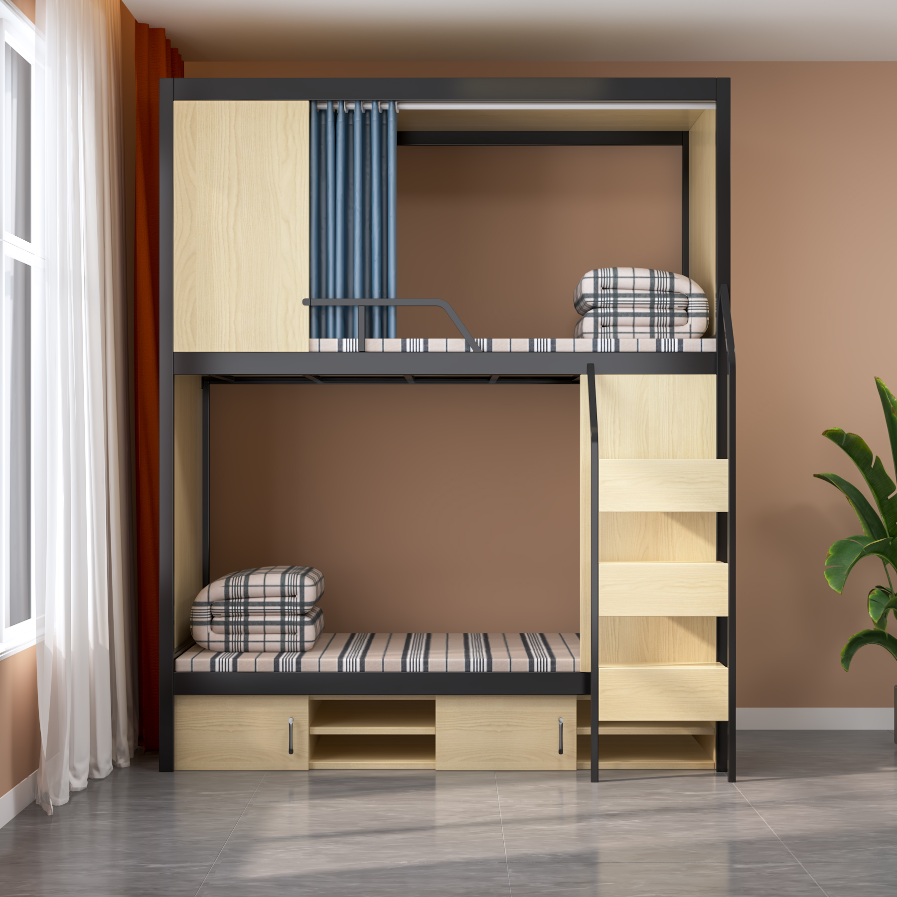 Wooden Bunk Bed with Storage Stairs & Drawers | Privacy Curtain Dorm Bed