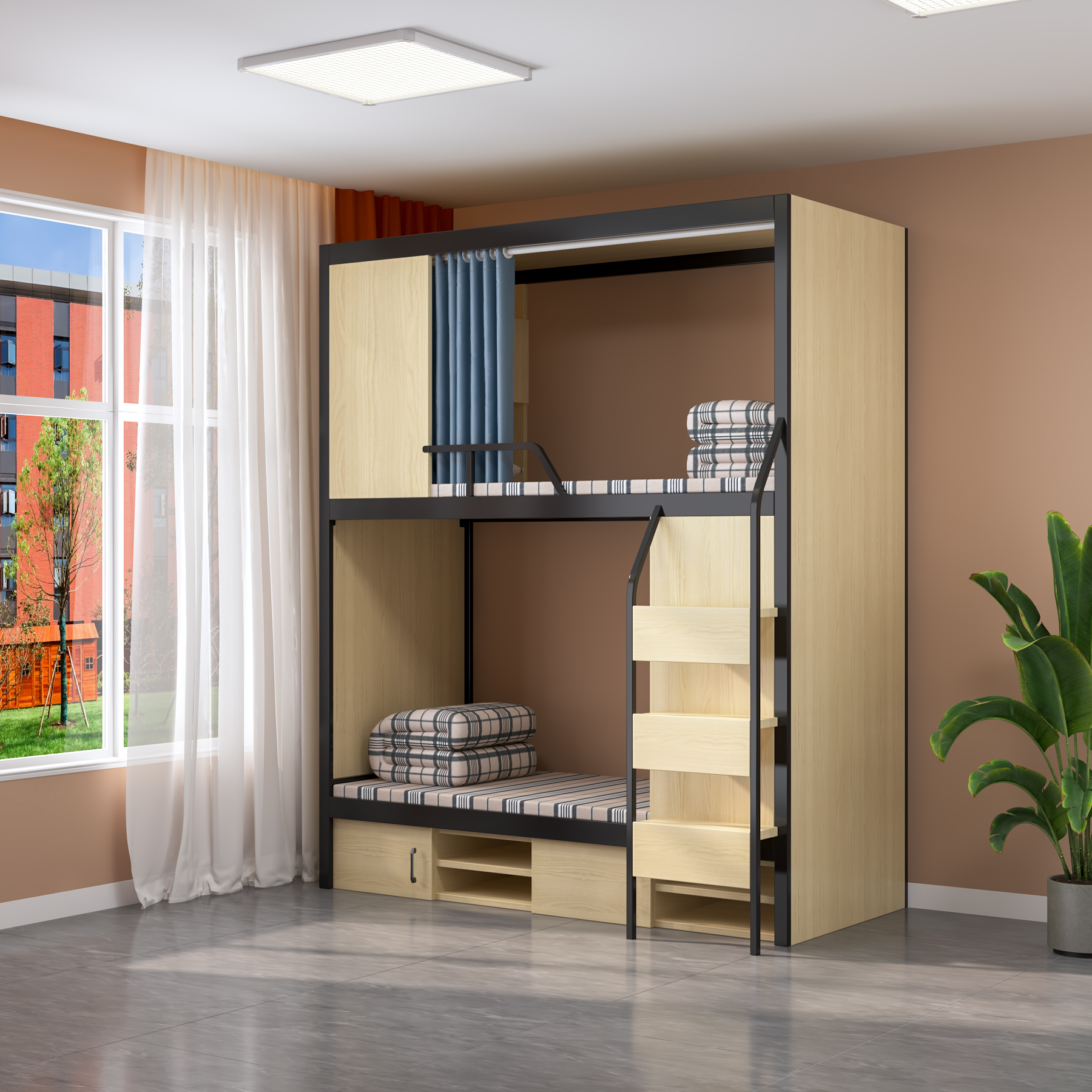Wooden Bunk Bed with Storage Stairs & Drawers | Privacy Curtain Dorm Bed