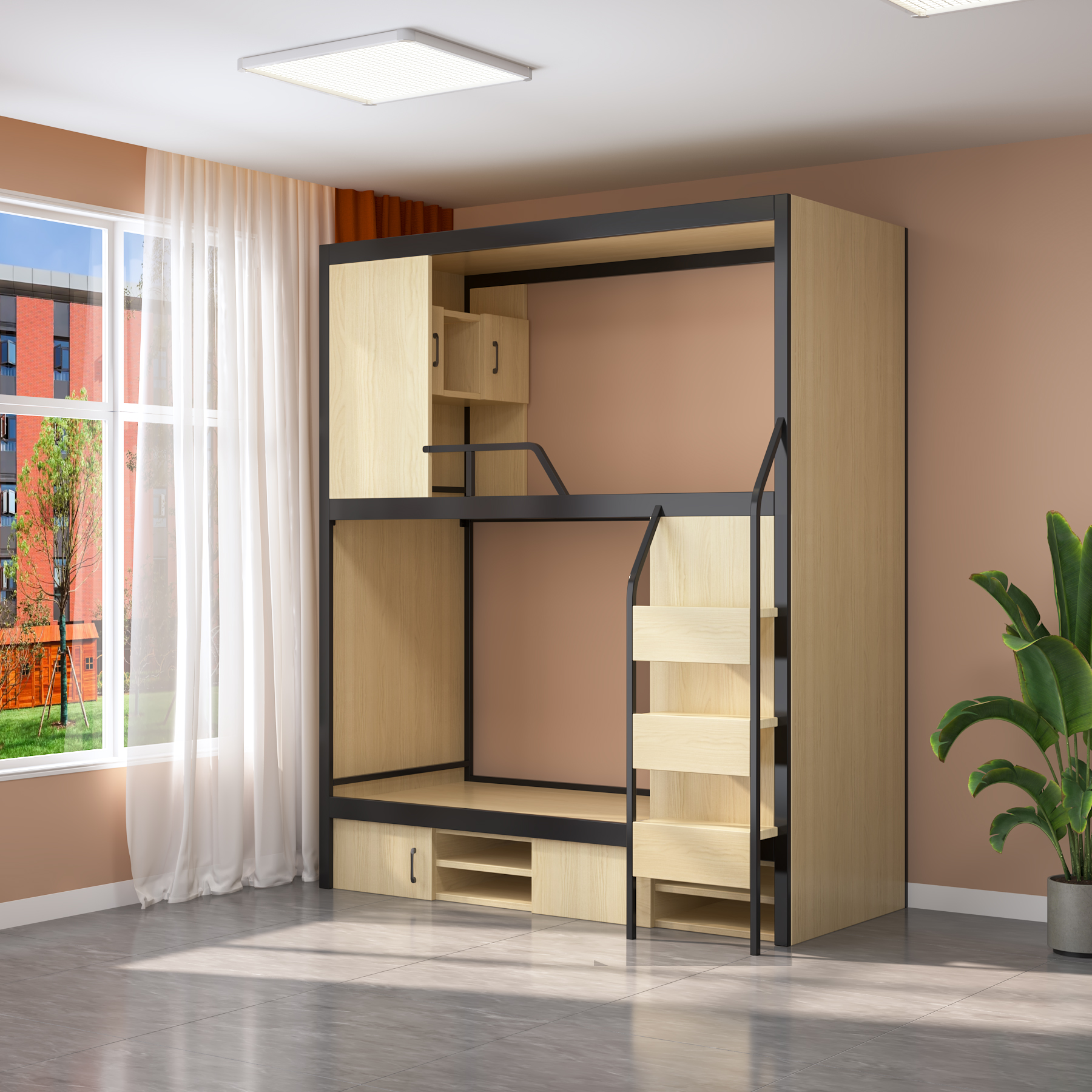 Wooden Bunk Bed with Storage Stairs & Drawers | Privacy Curtain Dorm Bed