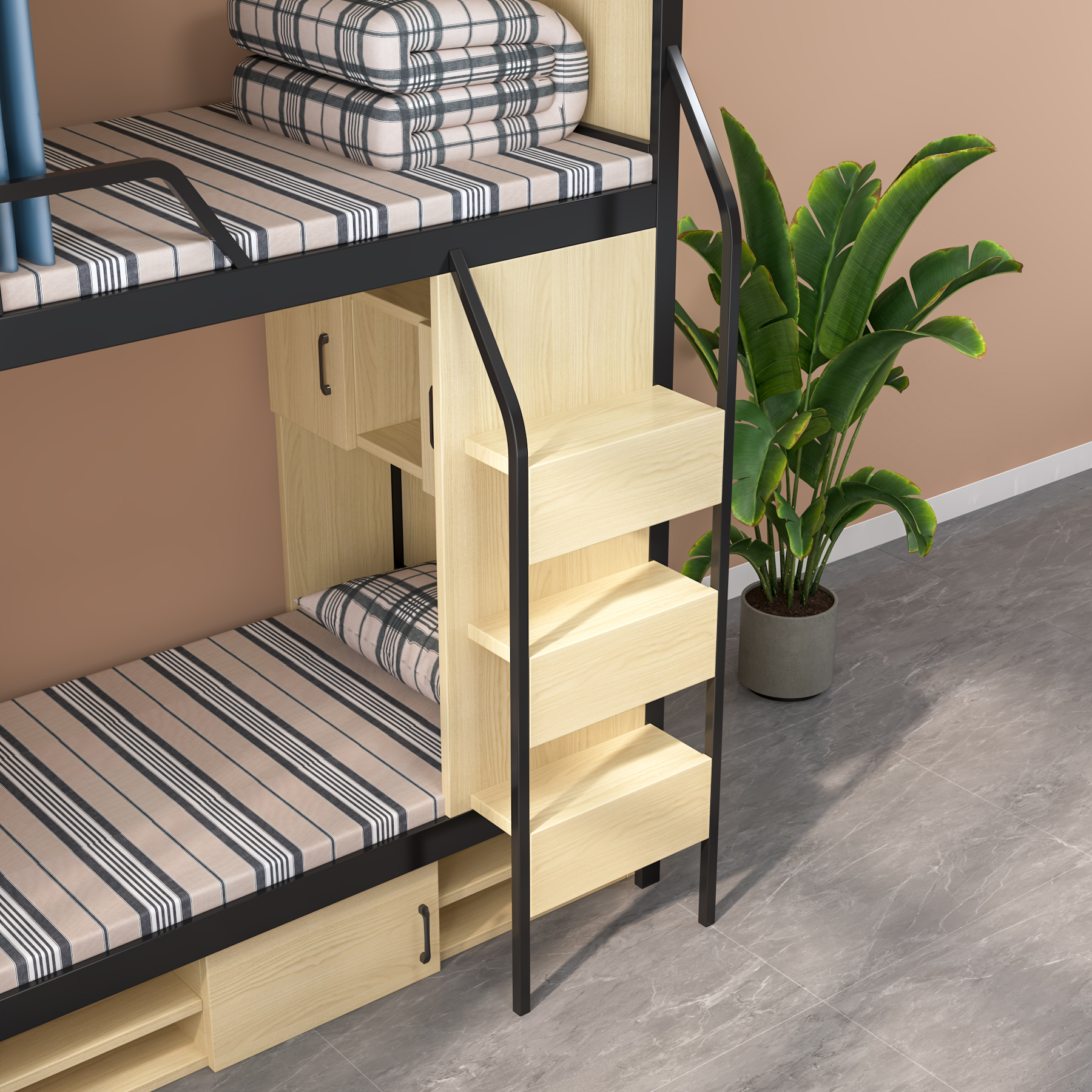 Wooden Bunk Bed with Storage Stairs & Drawers | Privacy Curtain Dorm Bed