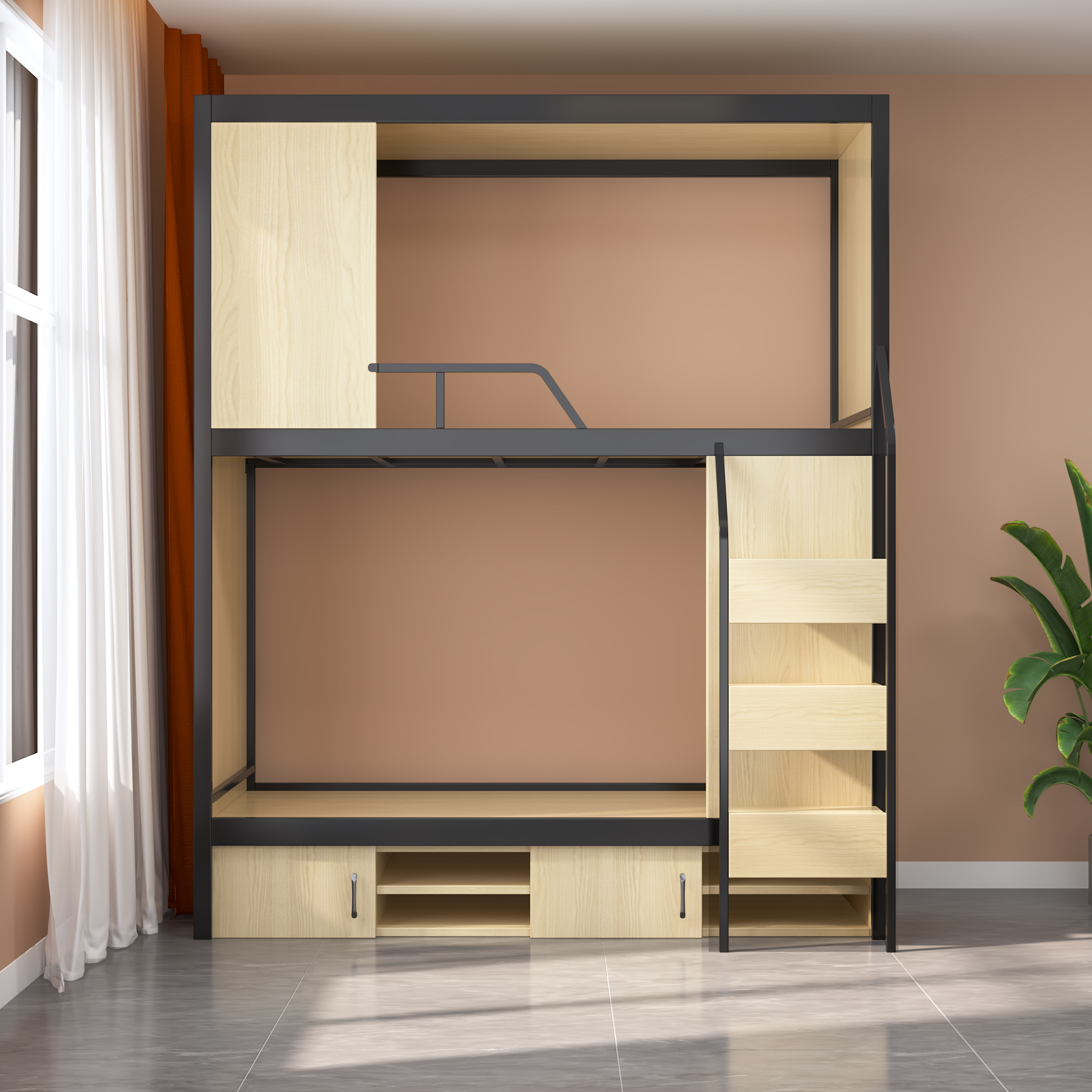 Wooden Bunk Bed with Storage Stairs & Drawers | Privacy Curtain Dorm Bed