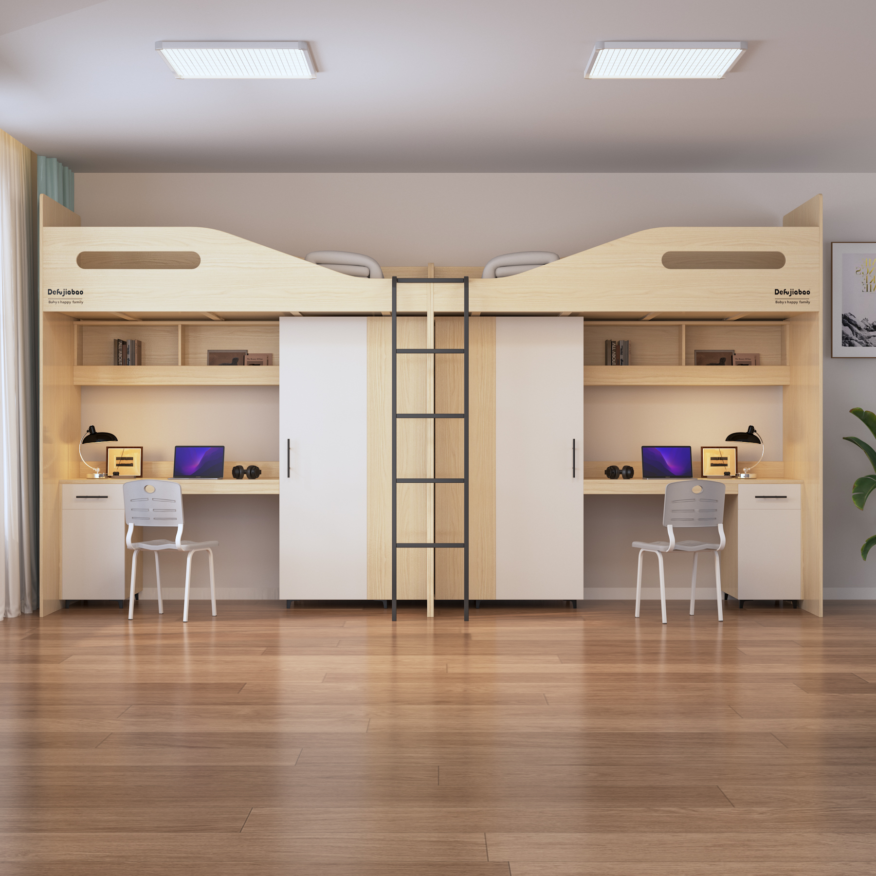 Double Loft Bed with Desks & Wardrobes | All-In-One Dorm Bed for Two Students