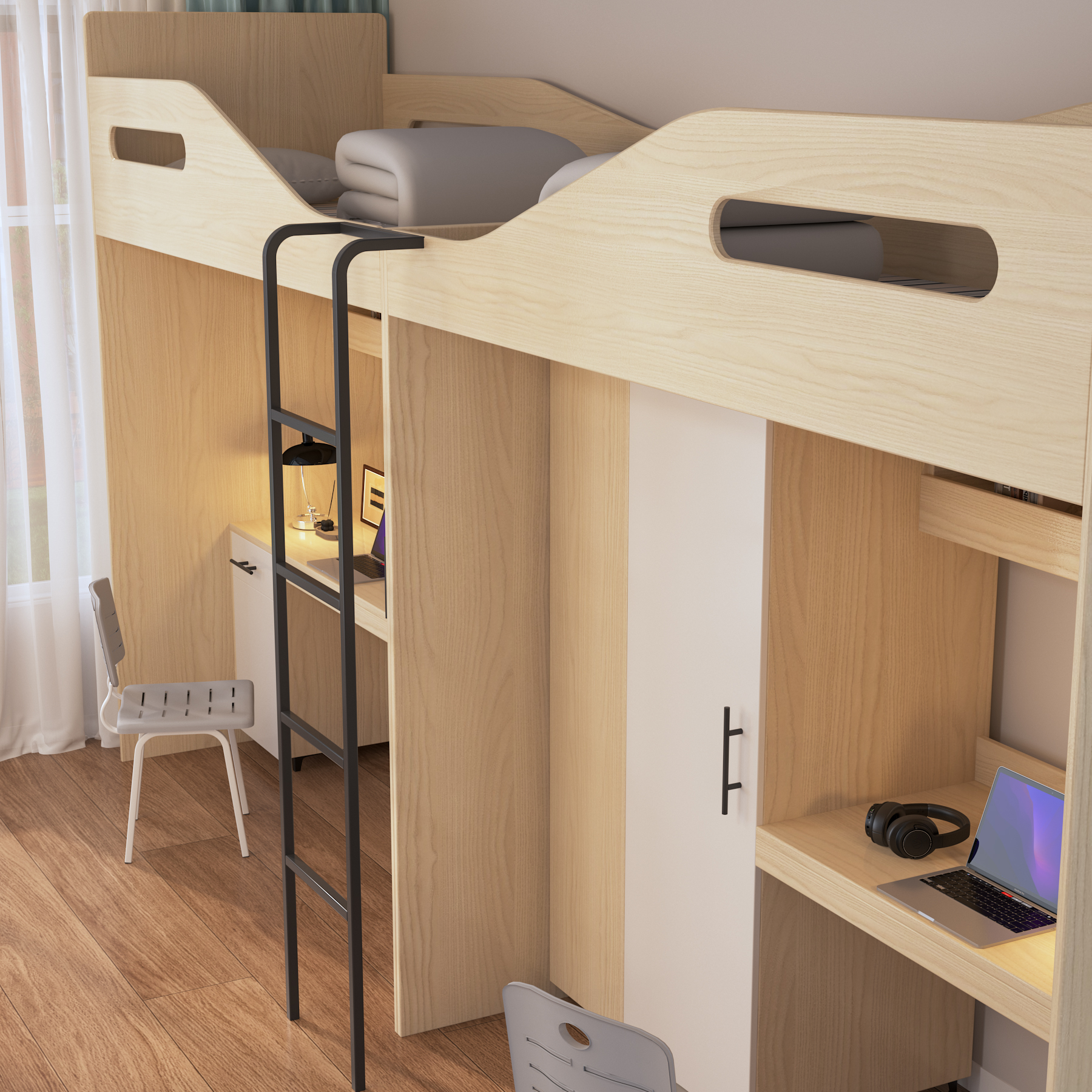 Double Loft Bed with Desks & Wardrobes | All-In-One Dorm Bed for Two Students