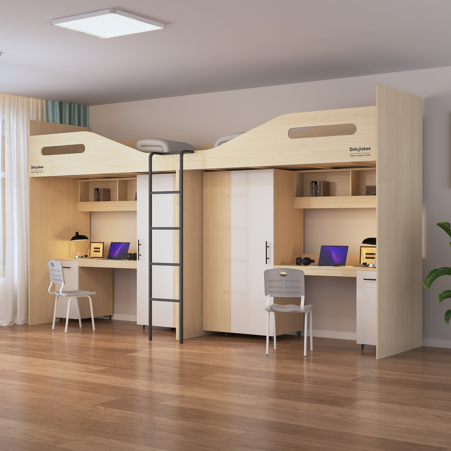 Double Loft Bed with Desks & Wardrobes | All-In-One Dorm Bed for Two Students