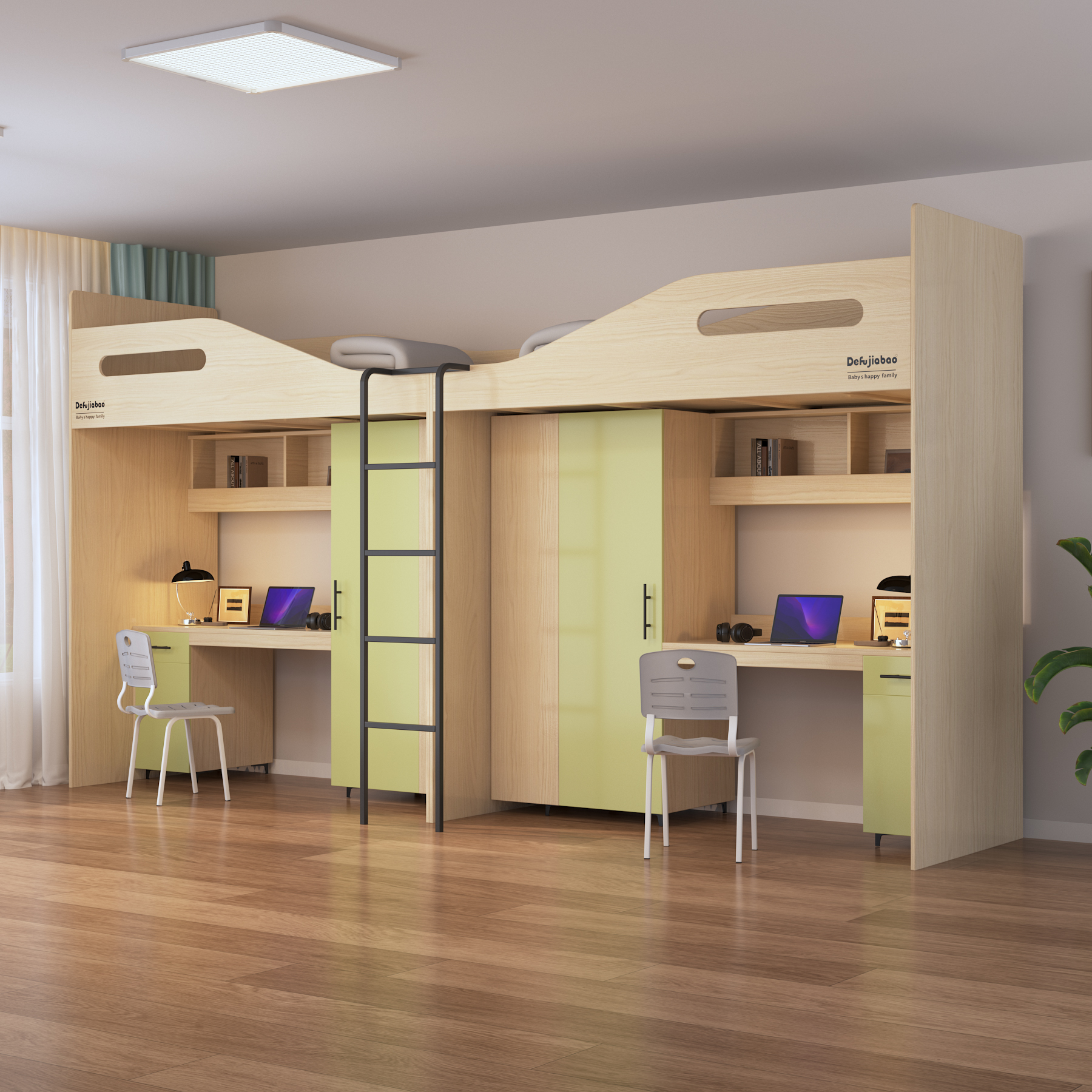 Double Loft Bed with Desks & Wardrobes | All-In-One Dorm Bed for Two Students
