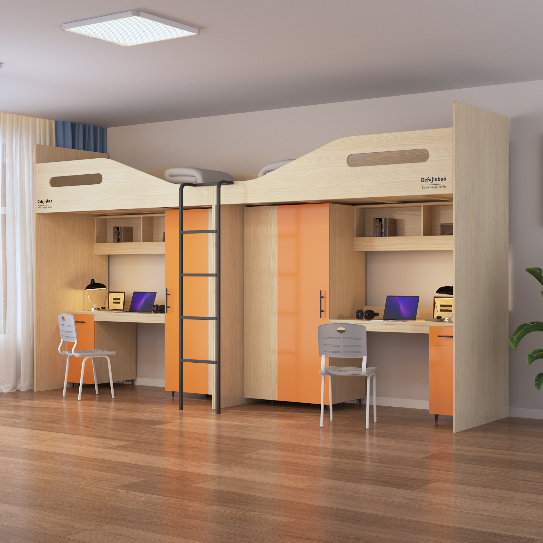 Double Loft Bed with Desks & Wardrobes | All-In-One Dorm Bed for Two Students