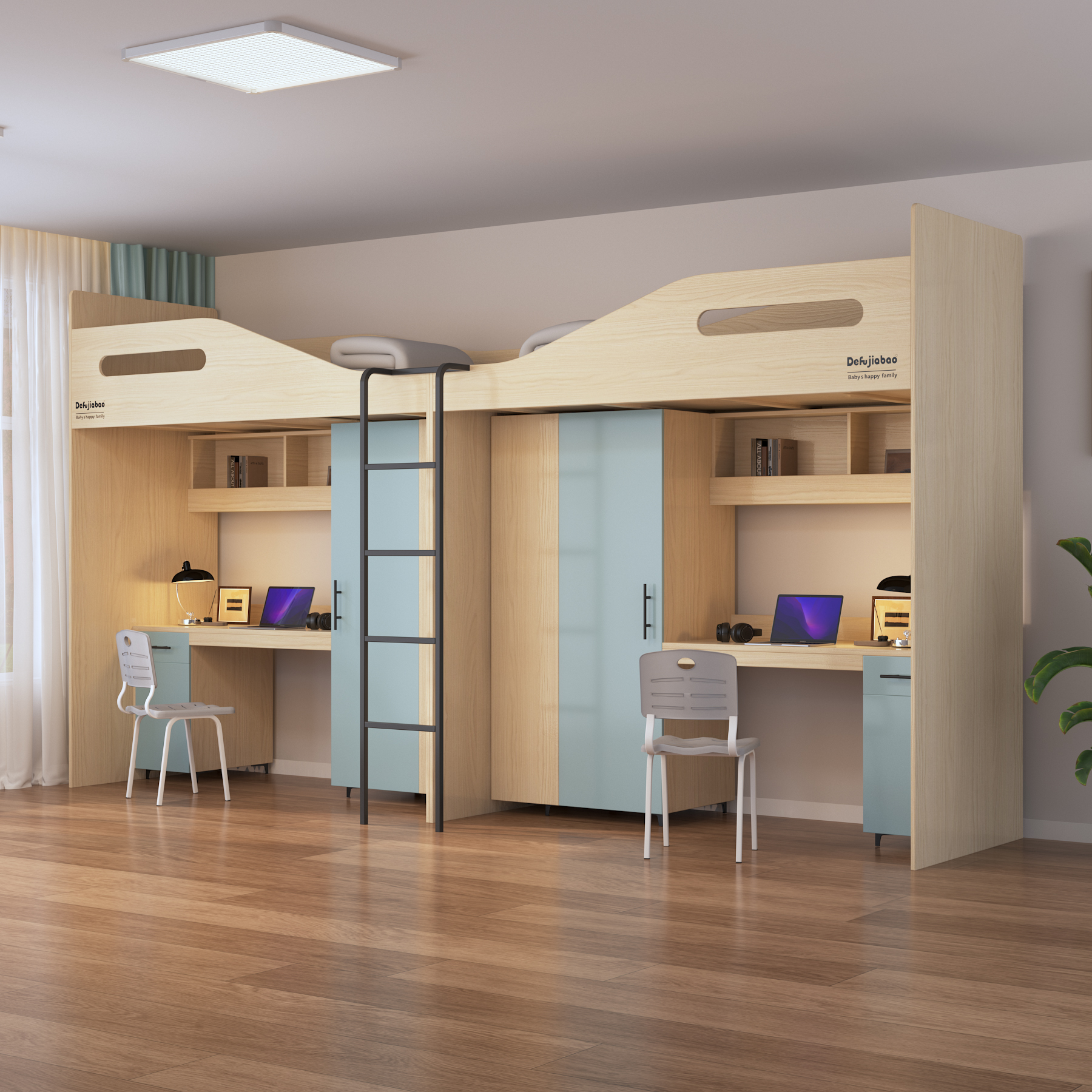 Double Loft Bed with Desks & Wardrobes | All-In-One Dorm Bed for Two Students