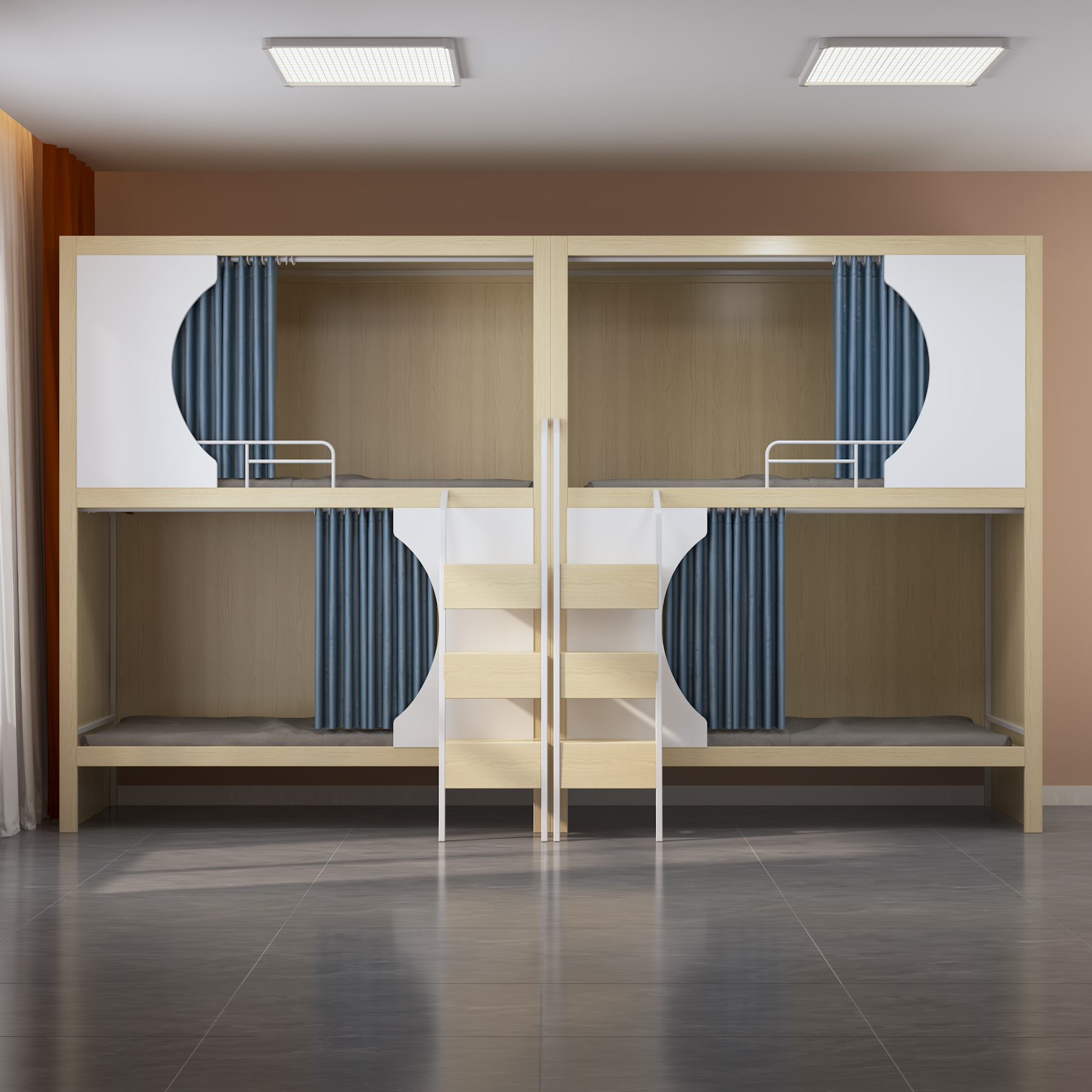 Quadruple Bunk Bed with Privacy Curtains | 4-Person Wooden Dorm Bed with Ladders