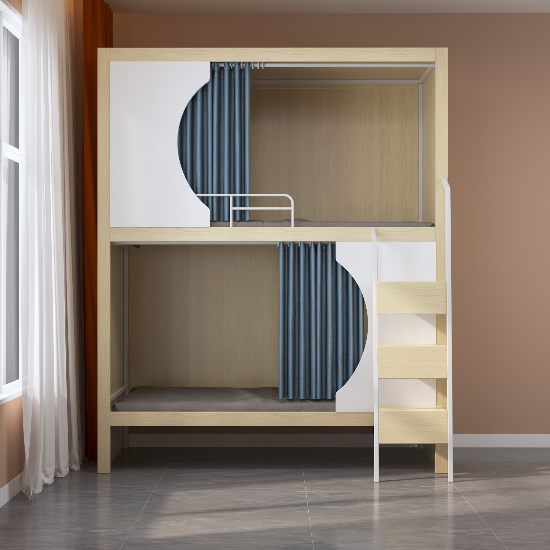 Quadruple Bunk Bed with Privacy Curtains | 4-Person Wooden Dorm Bed with Ladders