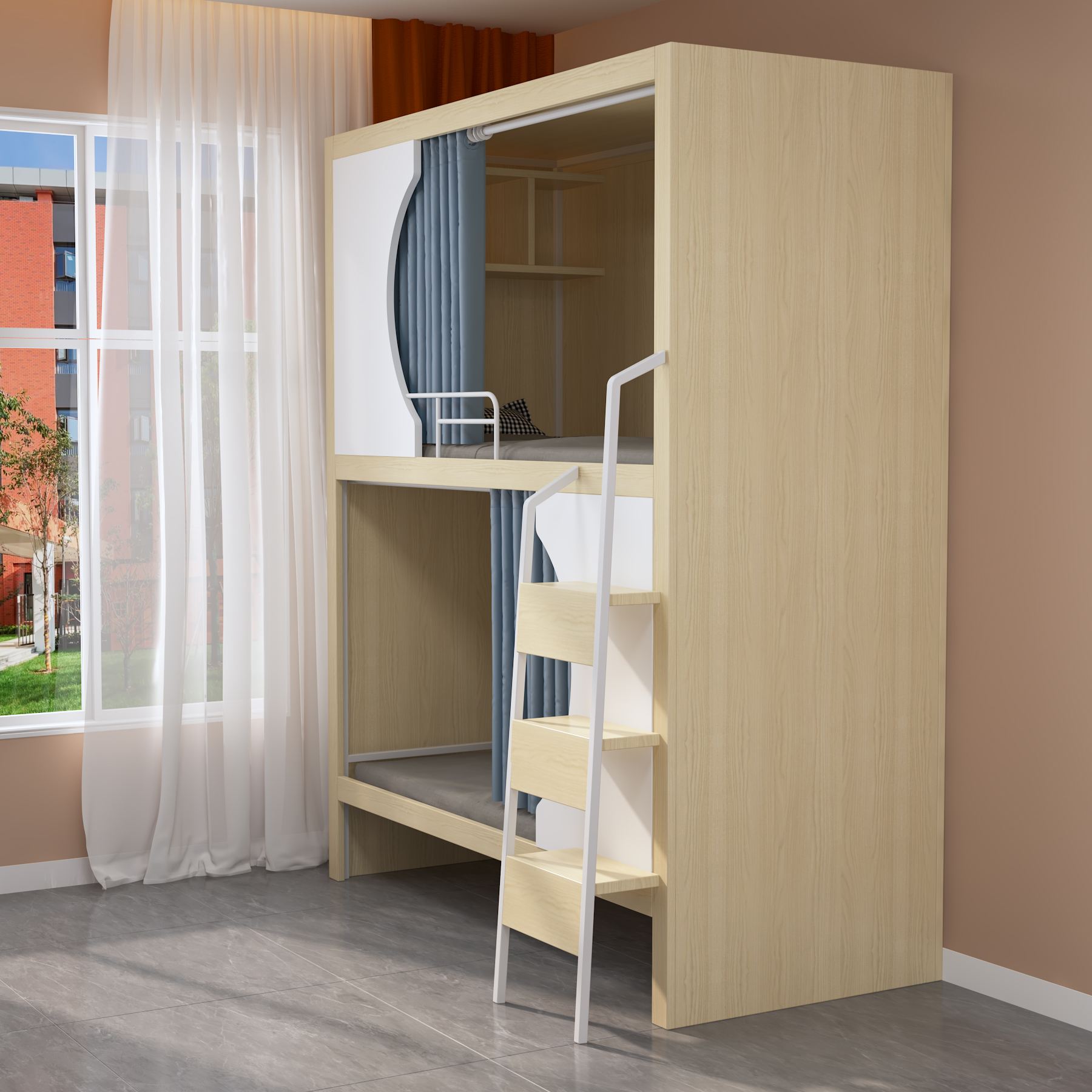 Quadruple Bunk Bed with Privacy Curtains | 4-Person Wooden Dorm Bed with Ladders