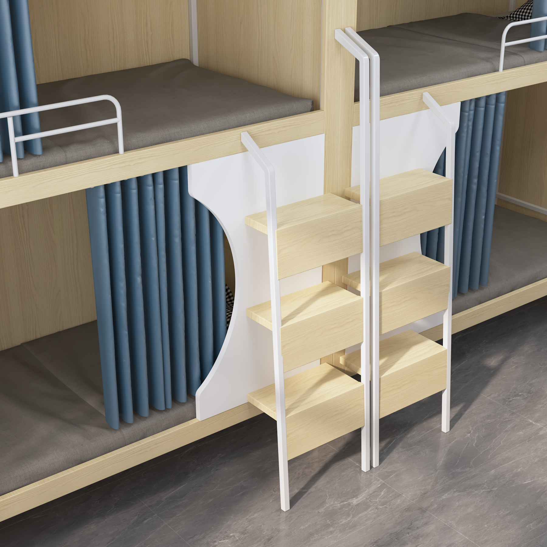 Quadruple Bunk Bed with Privacy Curtains | 4-Person Wooden Dorm Bed with Ladders