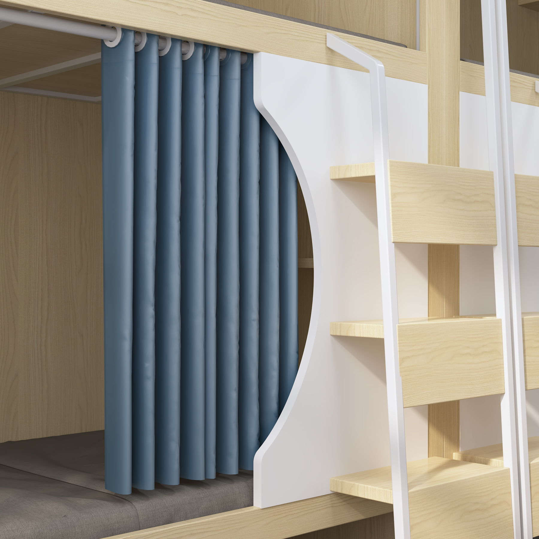 Quadruple Bunk Bed with Privacy Curtains | 4-Person Wooden Dorm Bed with Ladders