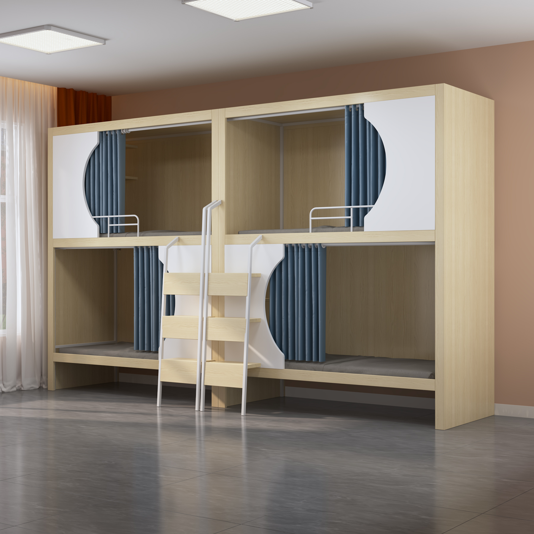 Quadruple Bunk Bed with Privacy Curtains | 4-Person Wooden Dorm Bed with Ladders