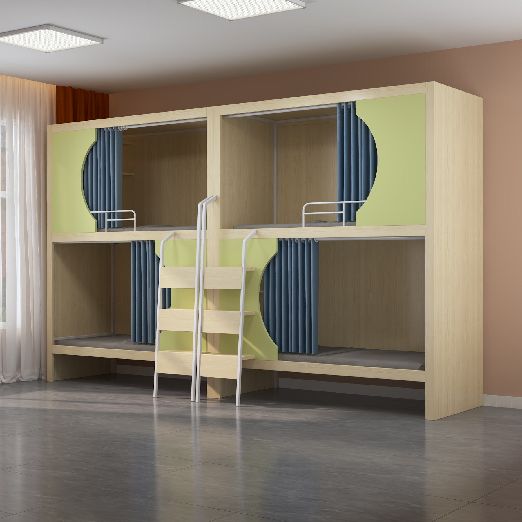 Quadruple Bunk Bed with Privacy Curtains | 4-Person Wooden Dorm Bed with Ladders