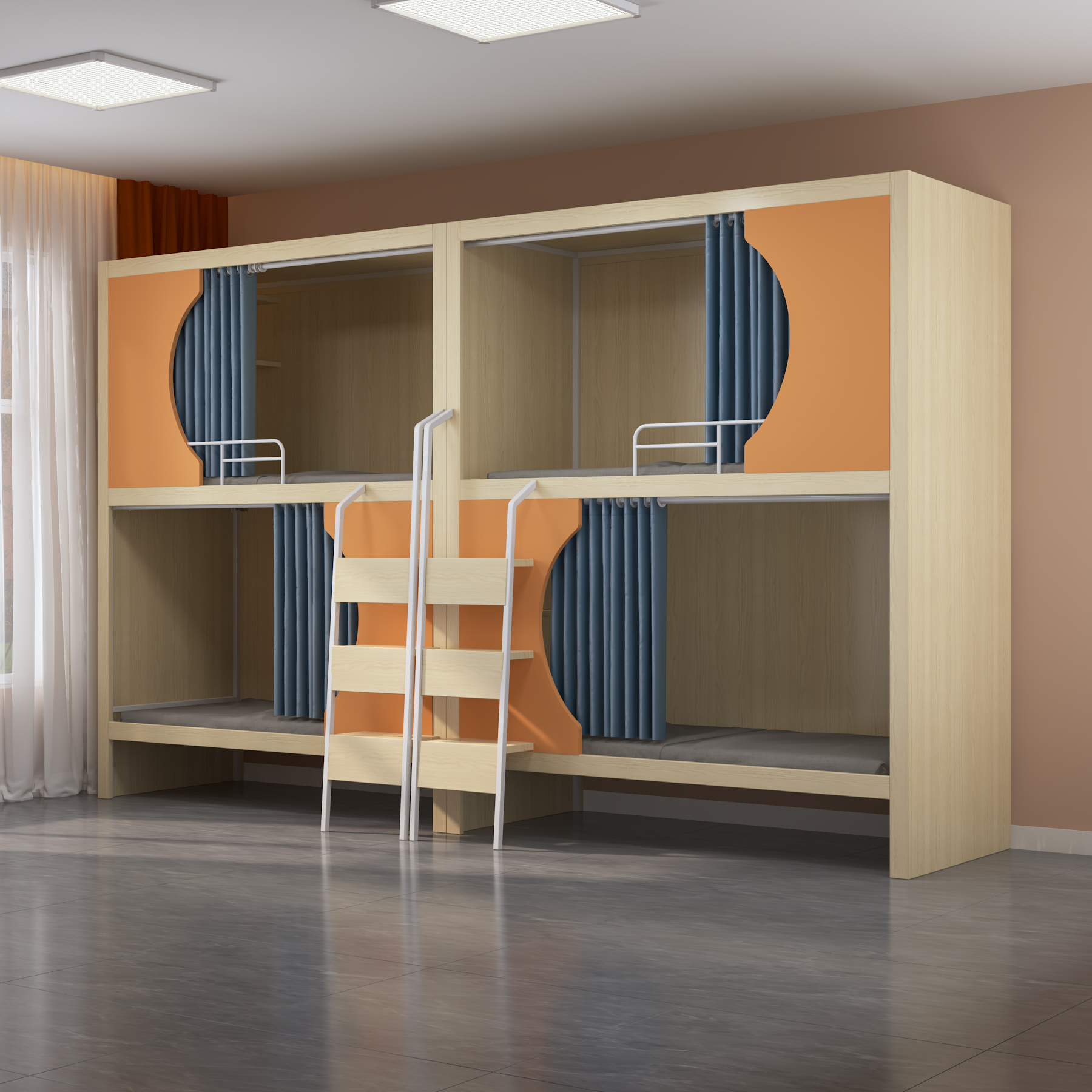 Quadruple Bunk Bed with Privacy Curtains | 4-Person Wooden Dorm Bed with Ladders