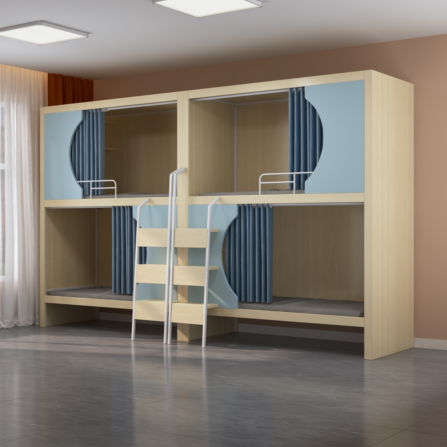 Quadruple Bunk Bed with Privacy Curtains | 4-Person Wooden Dorm Bed with Ladders