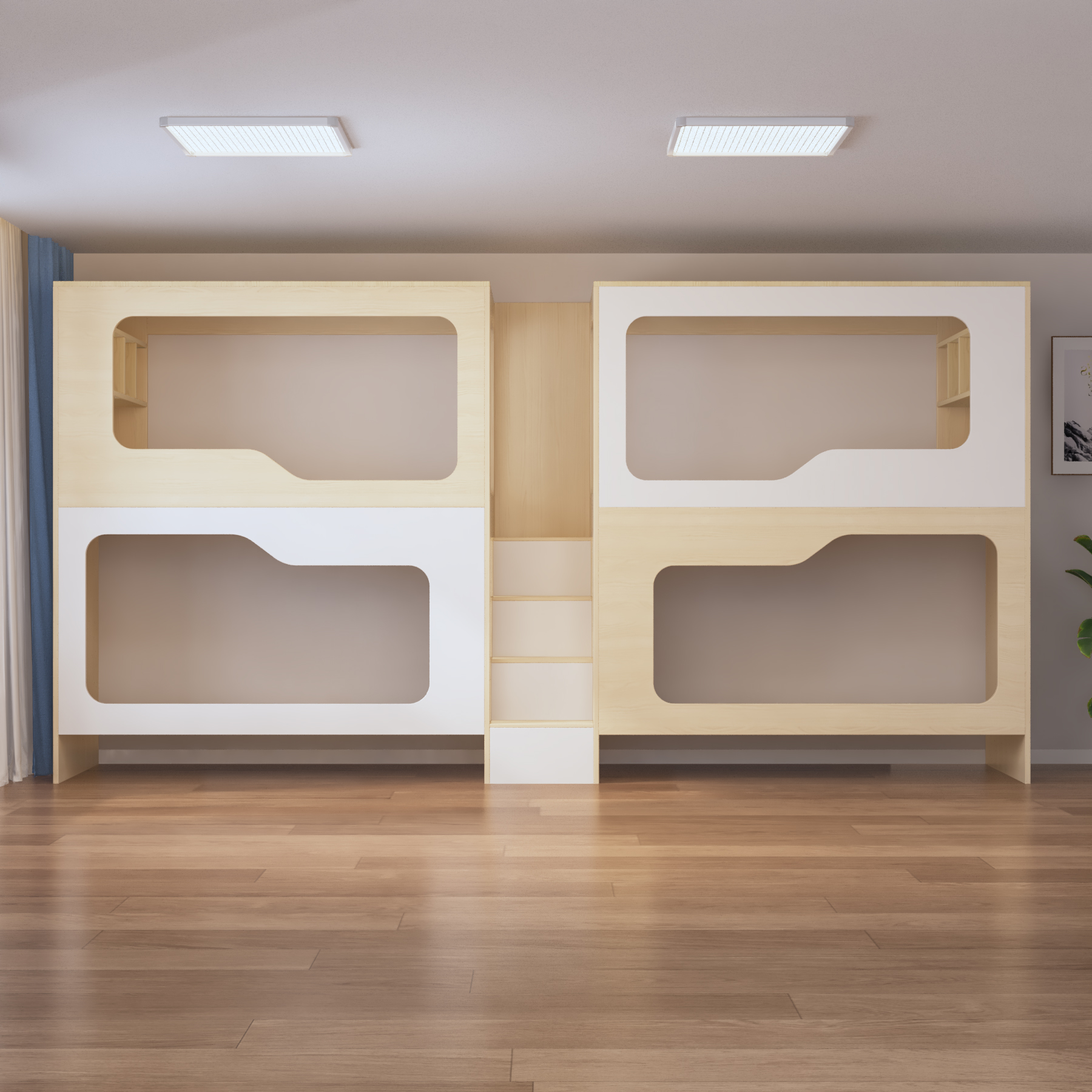 Quadruple Bunk Bed with Built-In Stairs & Shelves | 4-Person Wooden Dorm Bed