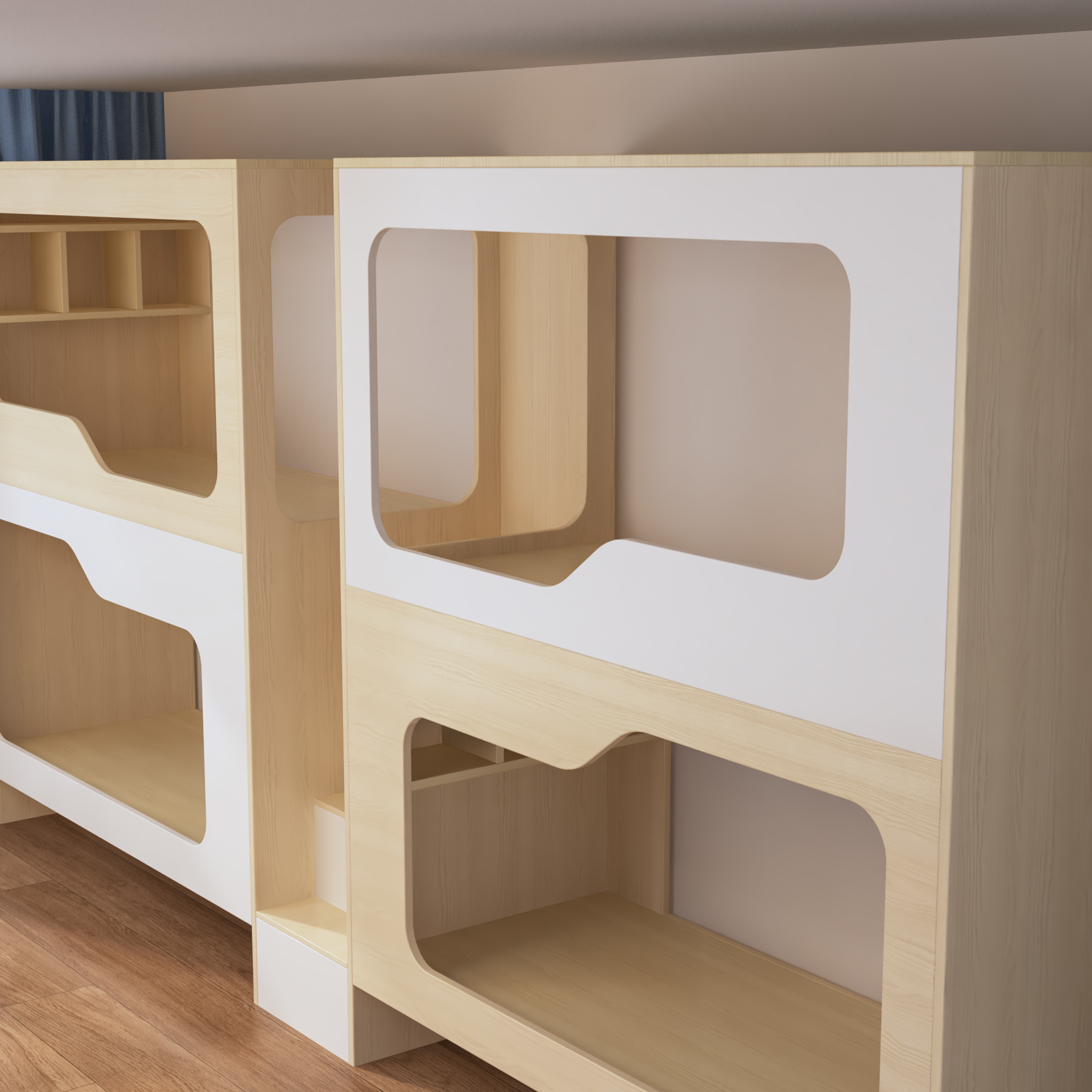 Quadruple Bunk Bed with Built-In Stairs & Shelves | 4-Person Wooden Dorm Bed