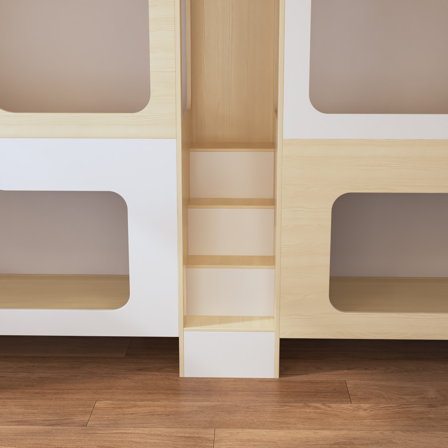 Quadruple Bunk Bed with Built-In Stairs & Shelves | 4-Person Wooden Dorm Bed