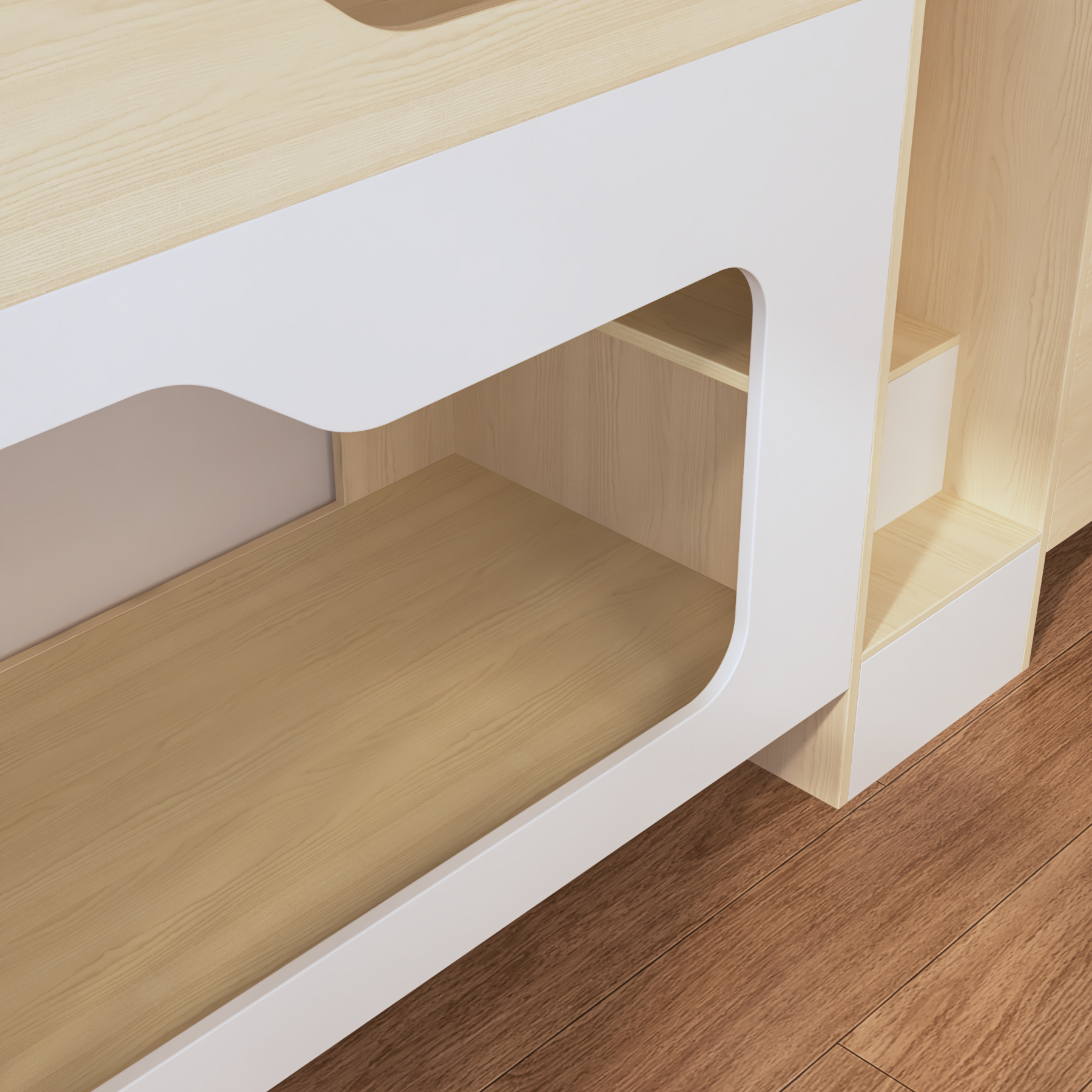 Quadruple Bunk Bed with Built-In Stairs & Shelves | 4-Person Wooden Dorm Bed