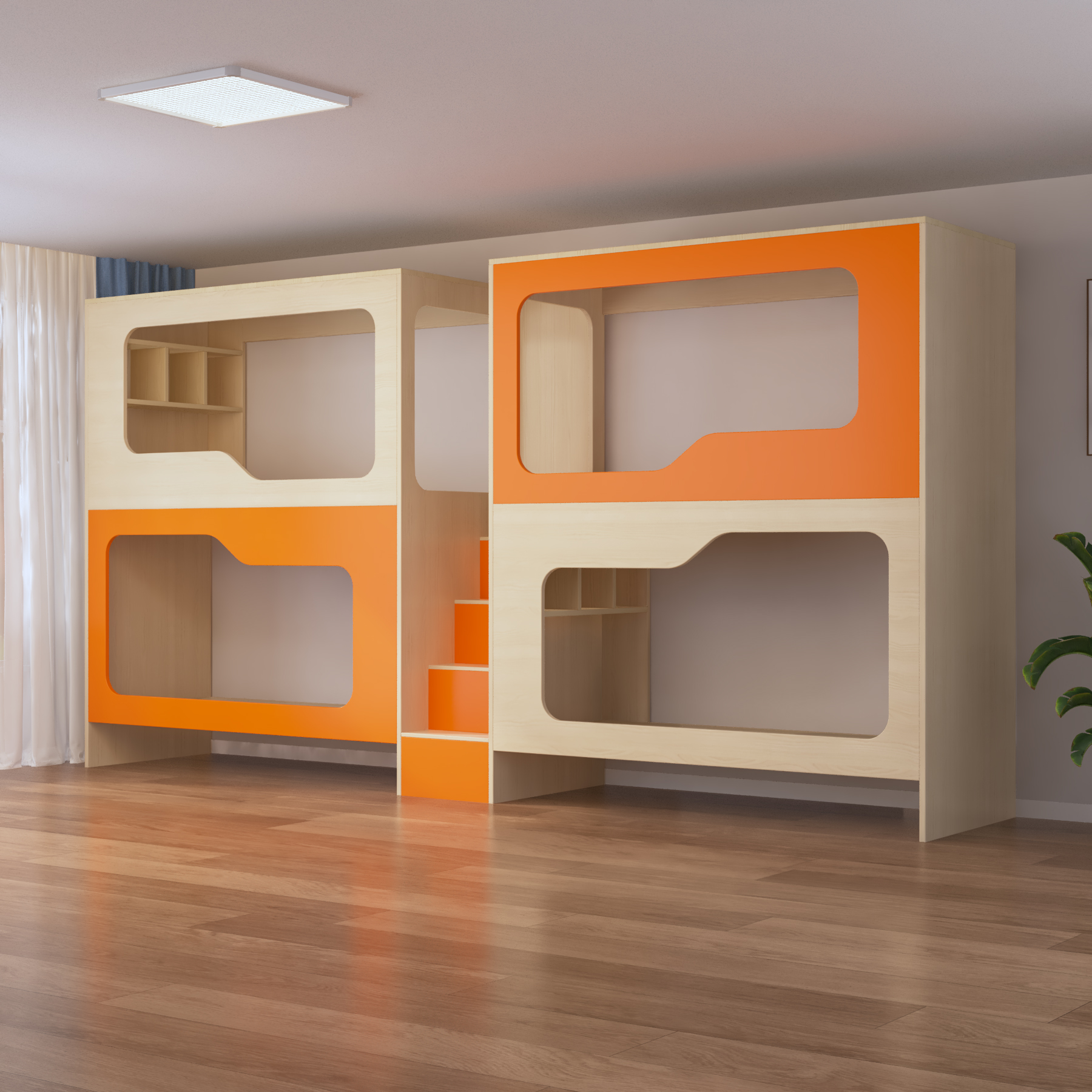 Quadruple Bunk Bed with Built-In Stairs & Shelves | 4-Person Wooden Dorm Bed