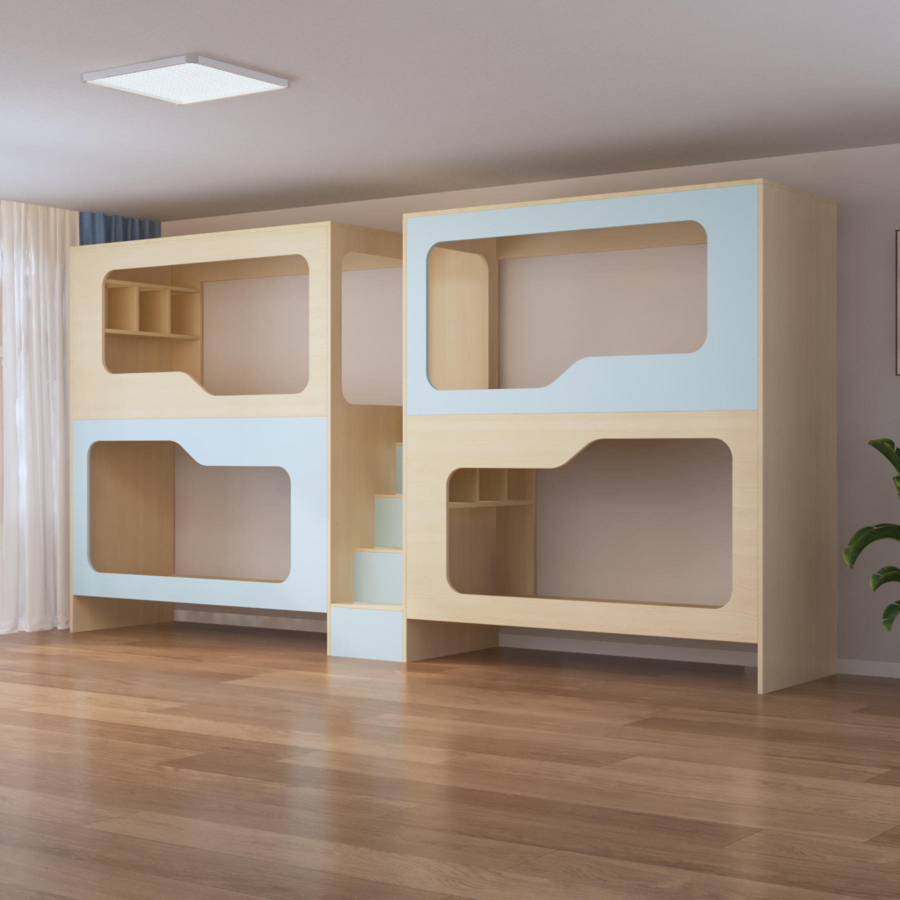 Quadruple Bunk Bed with Built-In Stairs & Shelves | 4-Person Wooden Dorm Bed