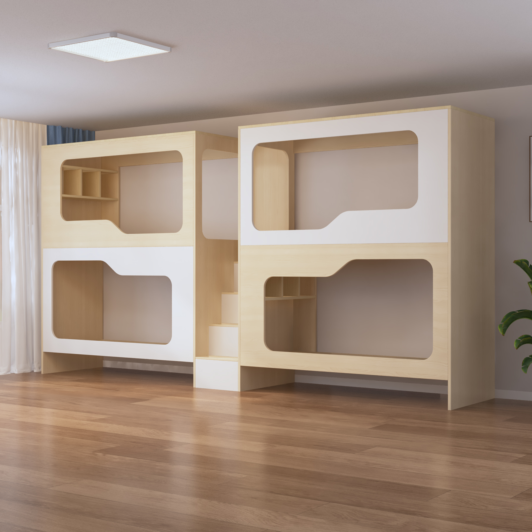 Quadruple Bunk Bed with Built-In Stairs & Shelves | 4-Person Wooden Dorm Bed