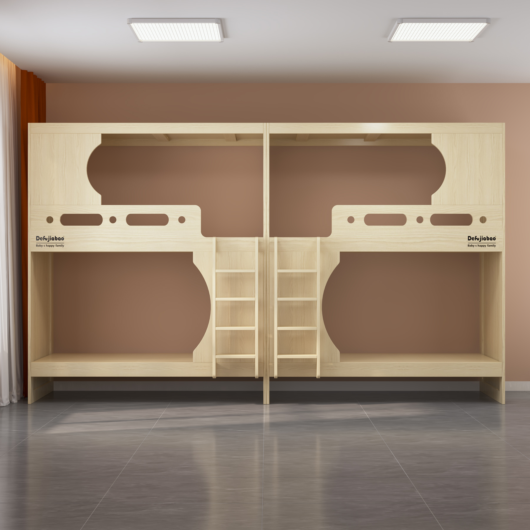 Quadruple Bunk Bed  with Dual Ladders | 4-Person Wooden Dorm Bed for Students