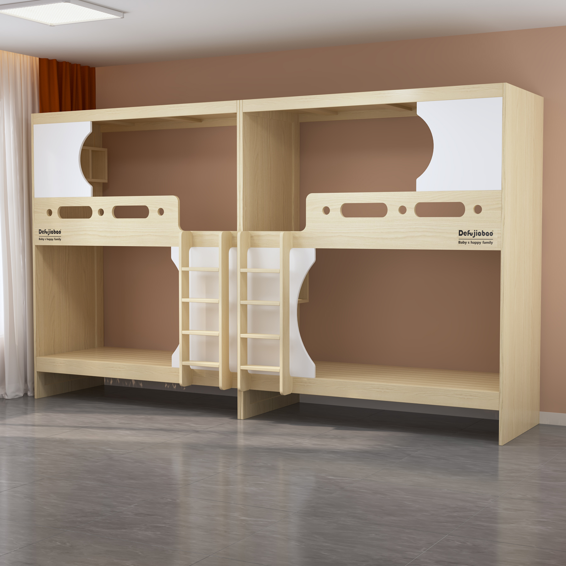 Quadruple Bunk Bed  with Dual Ladders | 4-Person Wooden Dorm Bed for Students