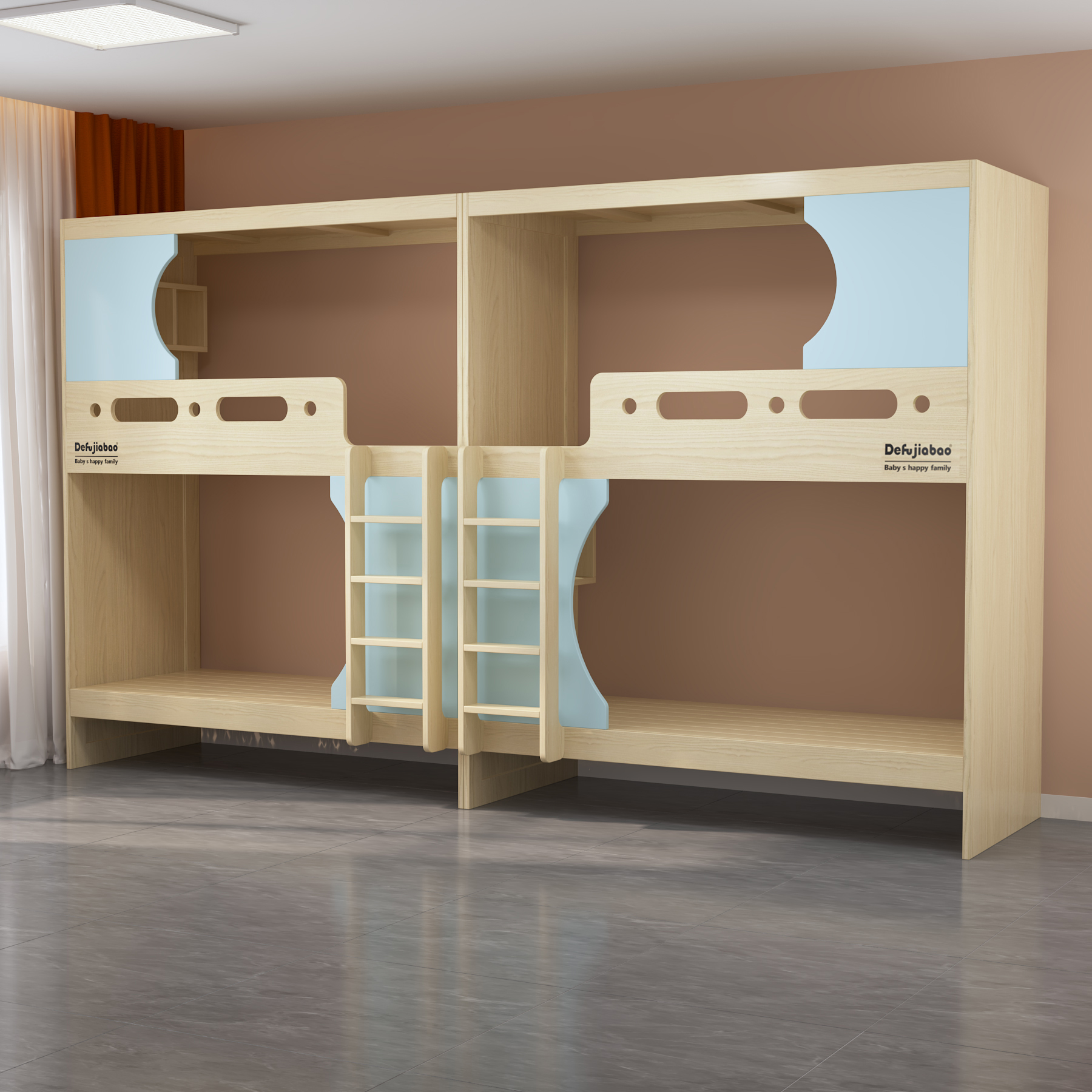 Quadruple Bunk Bed  with Dual Ladders | 4-Person Wooden Dorm Bed for Students