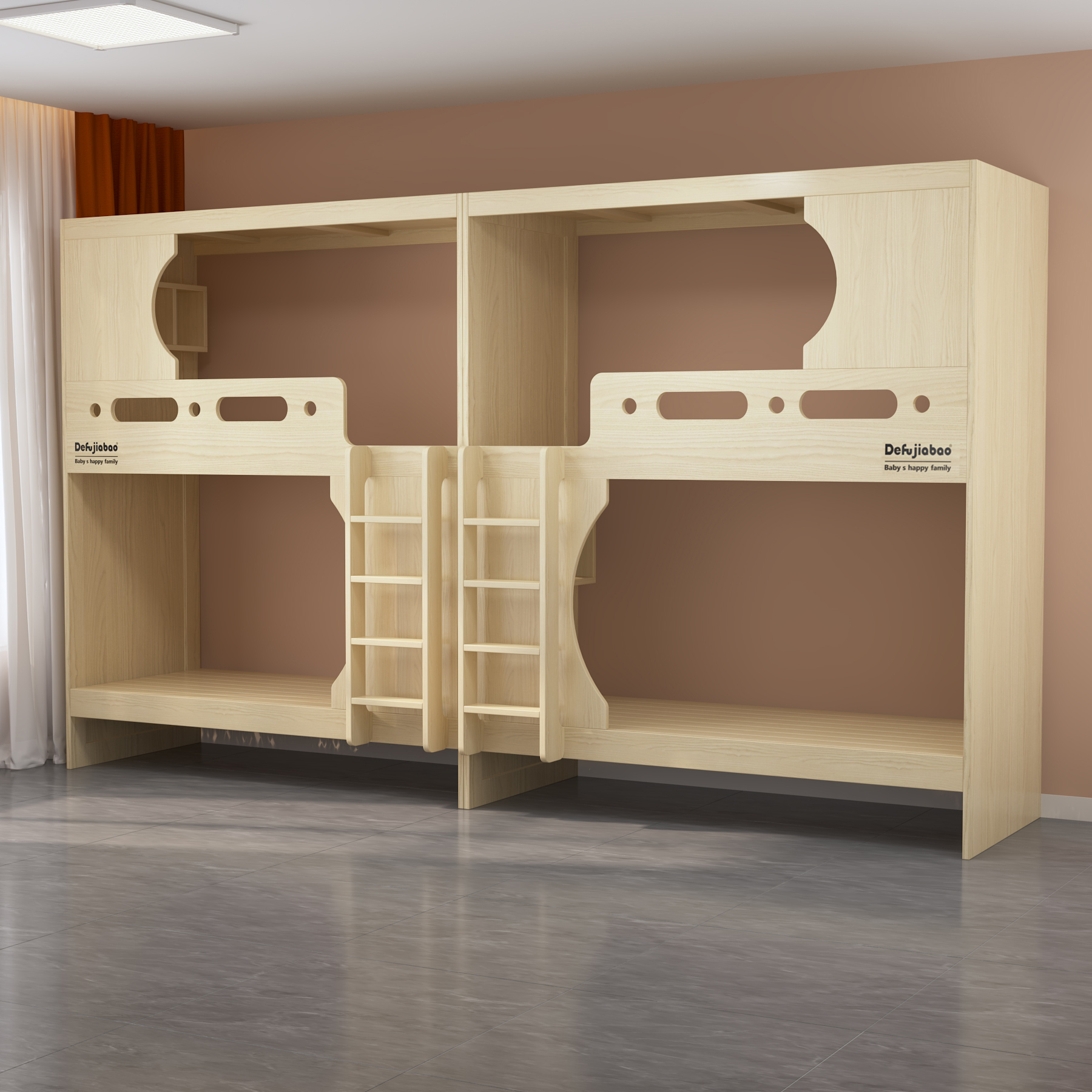 Quadruple Bunk Bed  with Dual Ladders | 4-Person Wooden Dorm Bed for Students