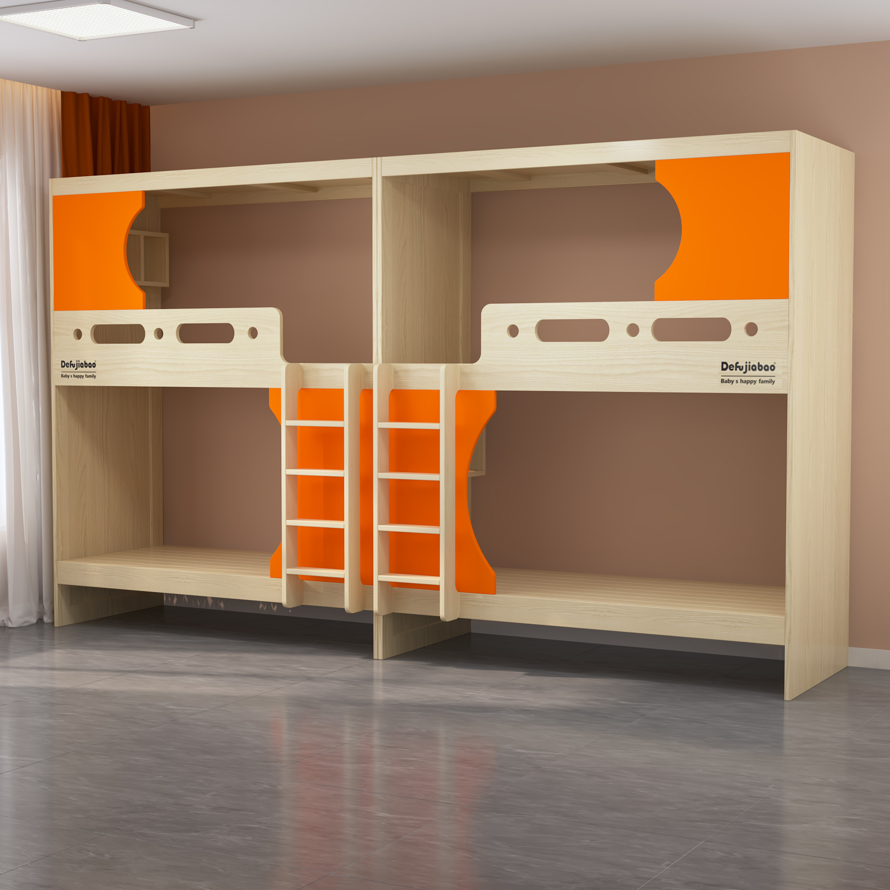 Quadruple Bunk Bed  with Dual Ladders | 4-Person Wooden Dorm Bed for Students